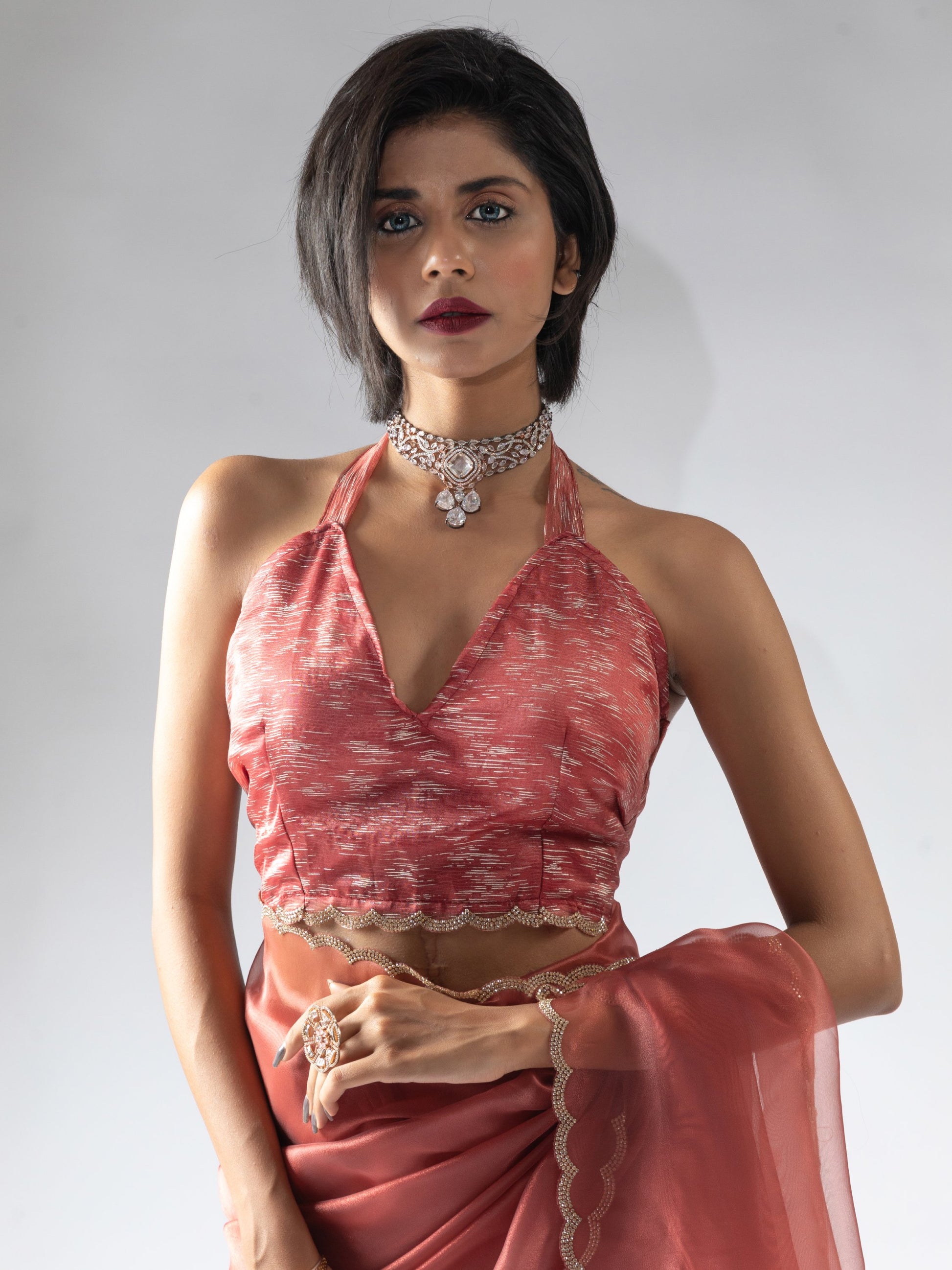 Adorable Peach Border Work Organza Party Wear Pre-Stitched Saree