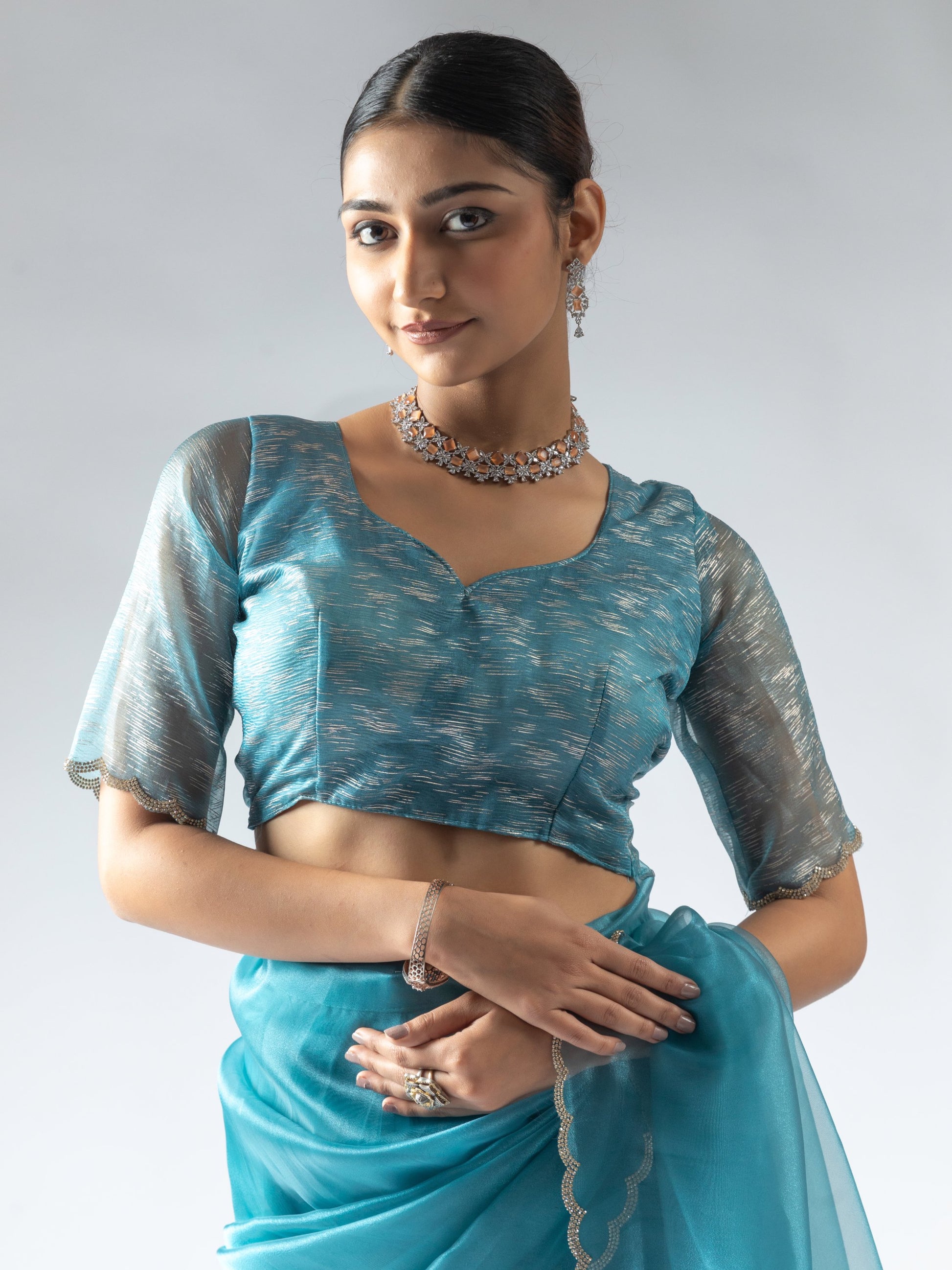Amazing Teal Blue Border Work Organza Designer Pre-Stitched Saree With Blouse
