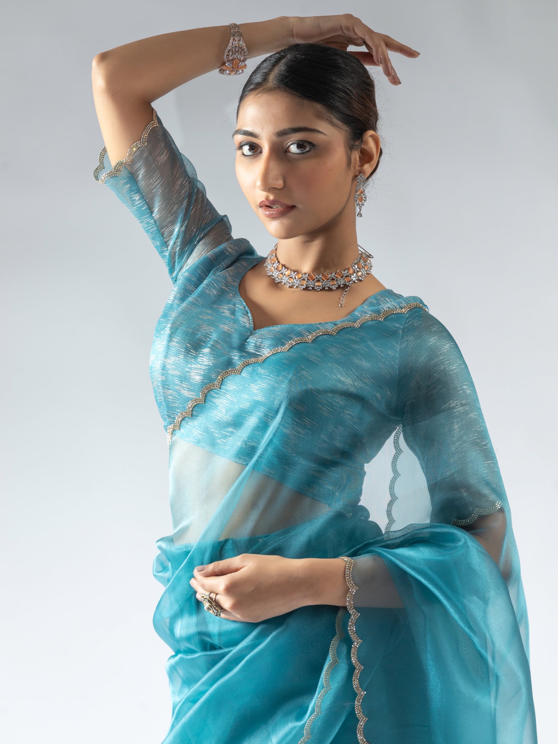 Amazing Teal Blue Border Work Organza Designer Pre-Stitched Saree With Blouse