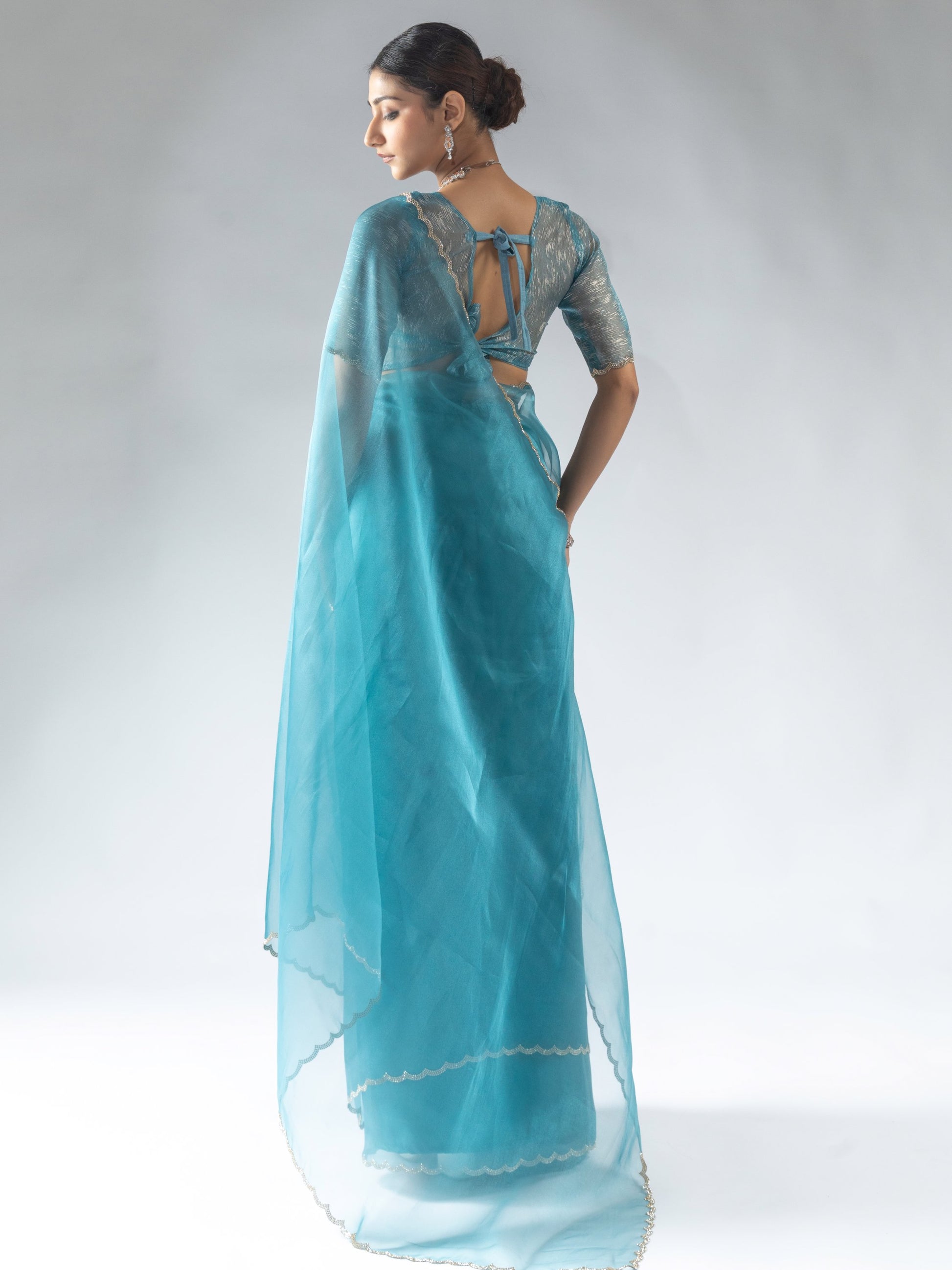 Amazing Teal Blue Border Work Organza Designer Pre-Stitched Saree With Blouse