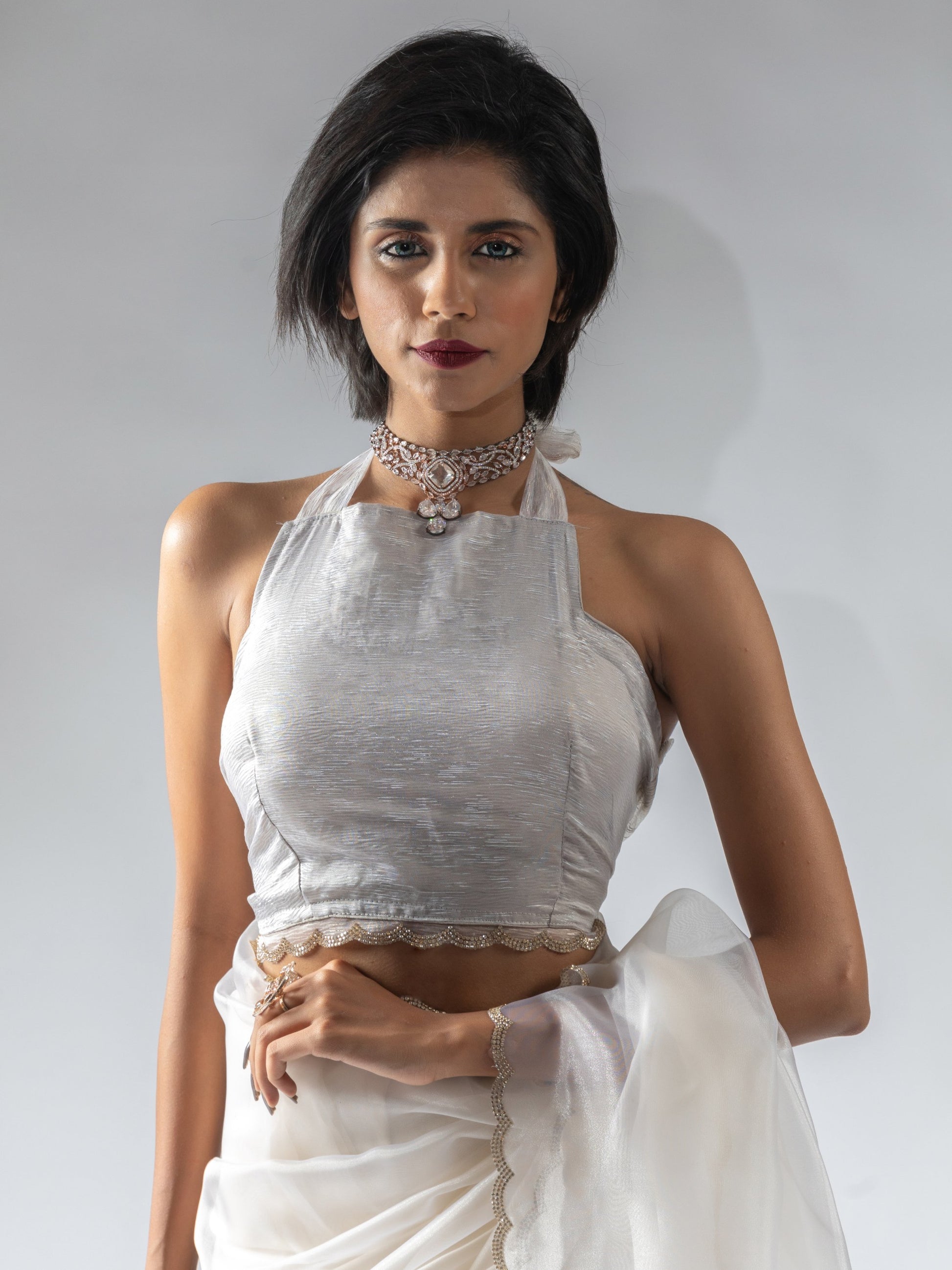 Precious White Border Work Organza Pre-Stitched Saree With Blouse