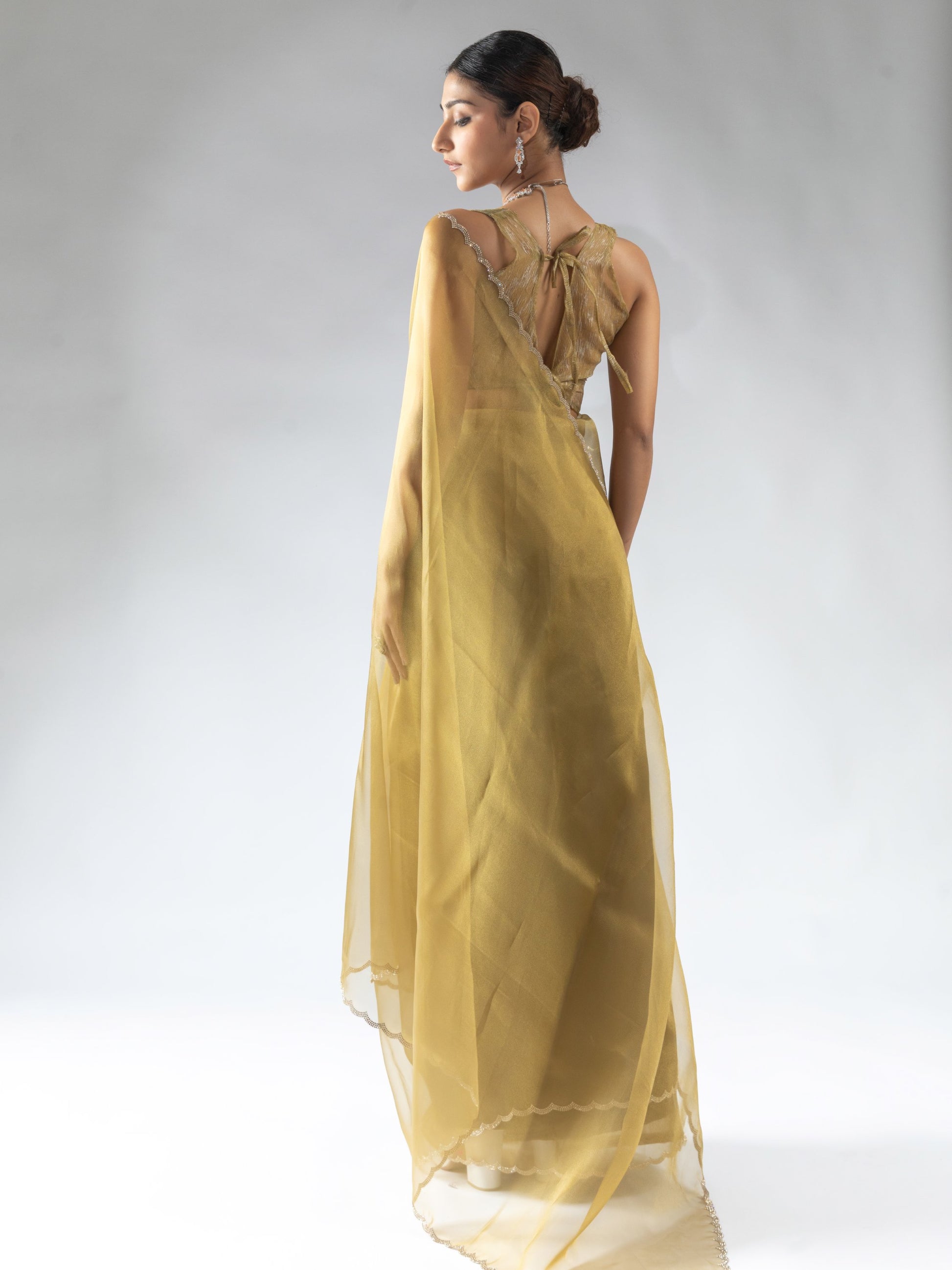 Attractive Mustard Yellow Border Work Organza Event Wear Pre-Stitched Saree