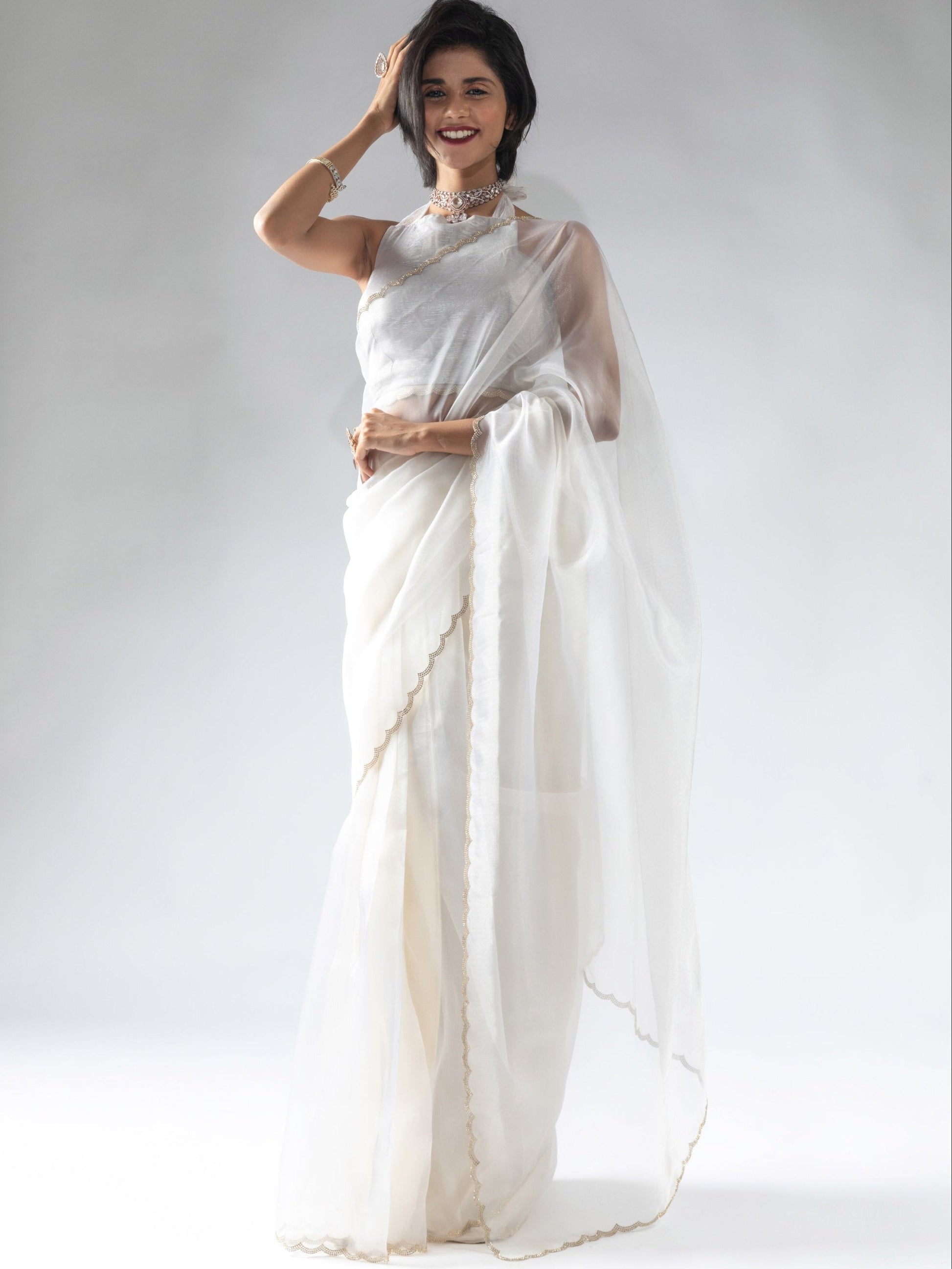 Precious White Border Work Organza Pre-Stitched Saree With Blouse