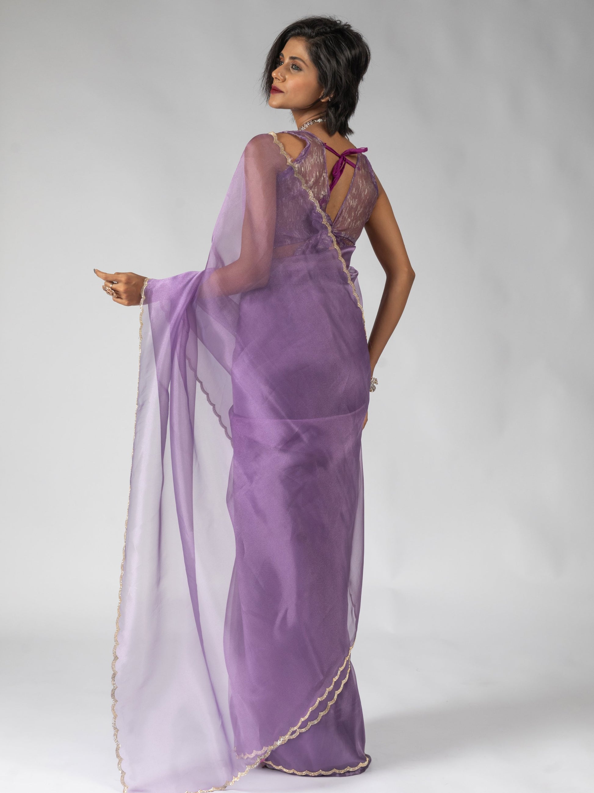 Marvelous Purple Border Work Organza Bollywood Pre-Stitched Saree With Blouse