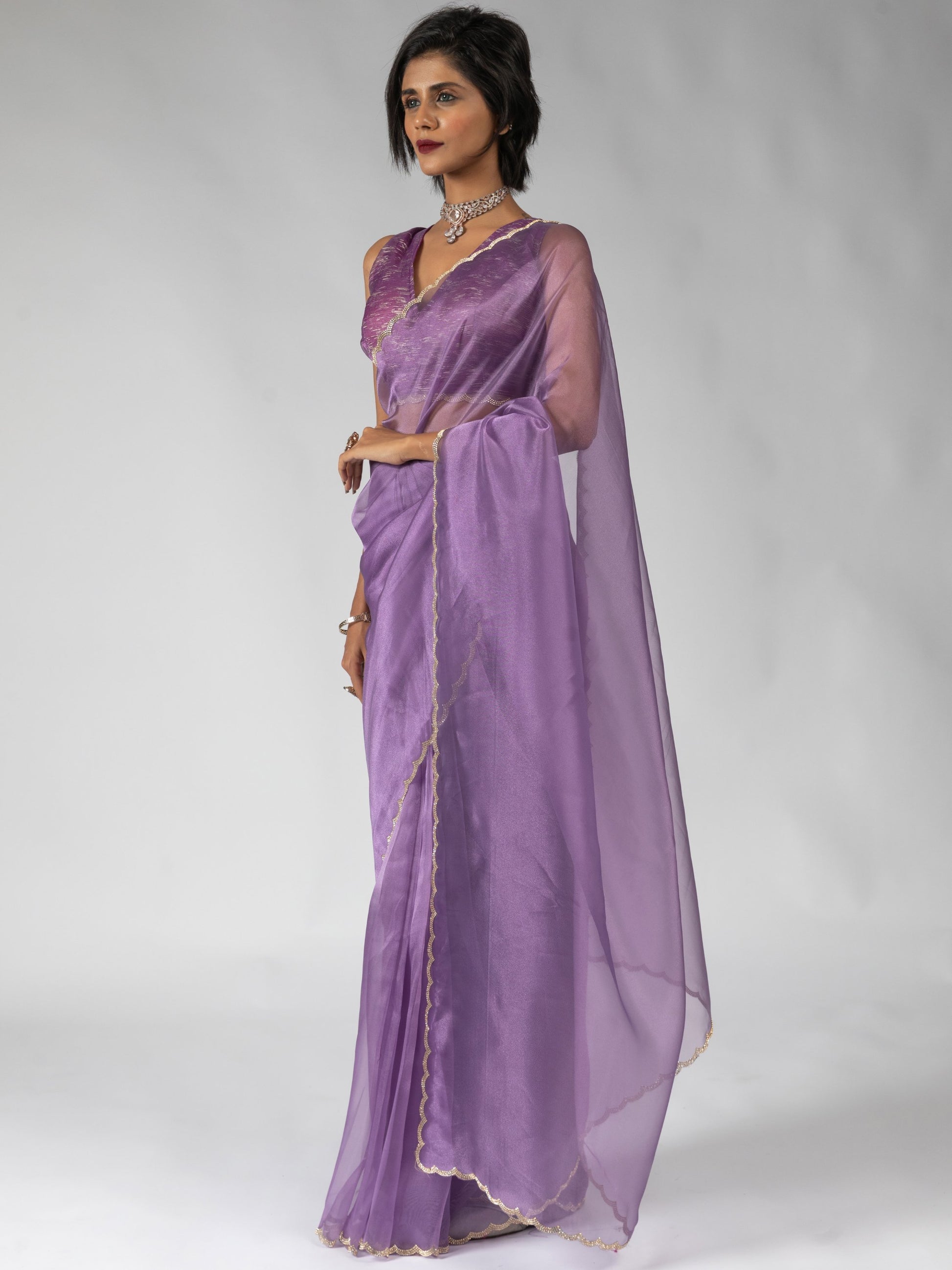 Marvelous Purple Border Work Organza Bollywood Pre-Stitched Saree With Blouse