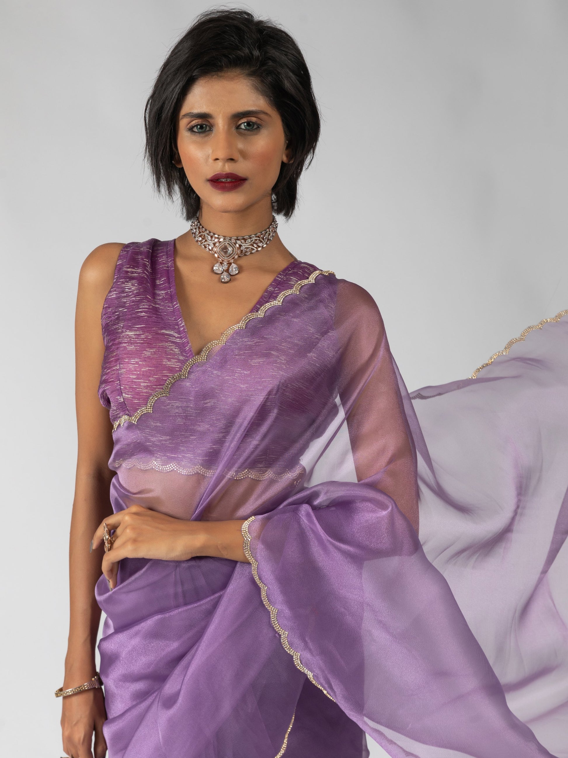 Marvelous Purple Border Work Organza Bollywood Pre-Stitched Saree With Blouse