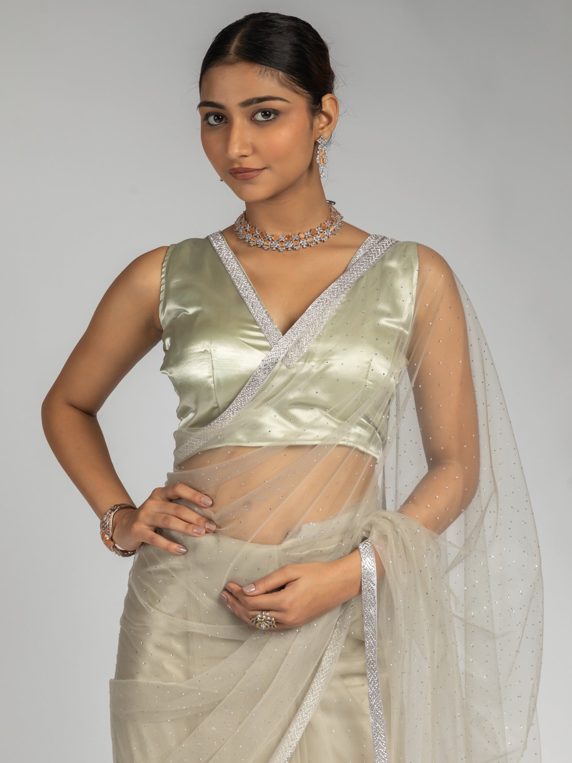 Amazing Beige Diamond Work Net Designer Pre-Stitched Saree With Blouse