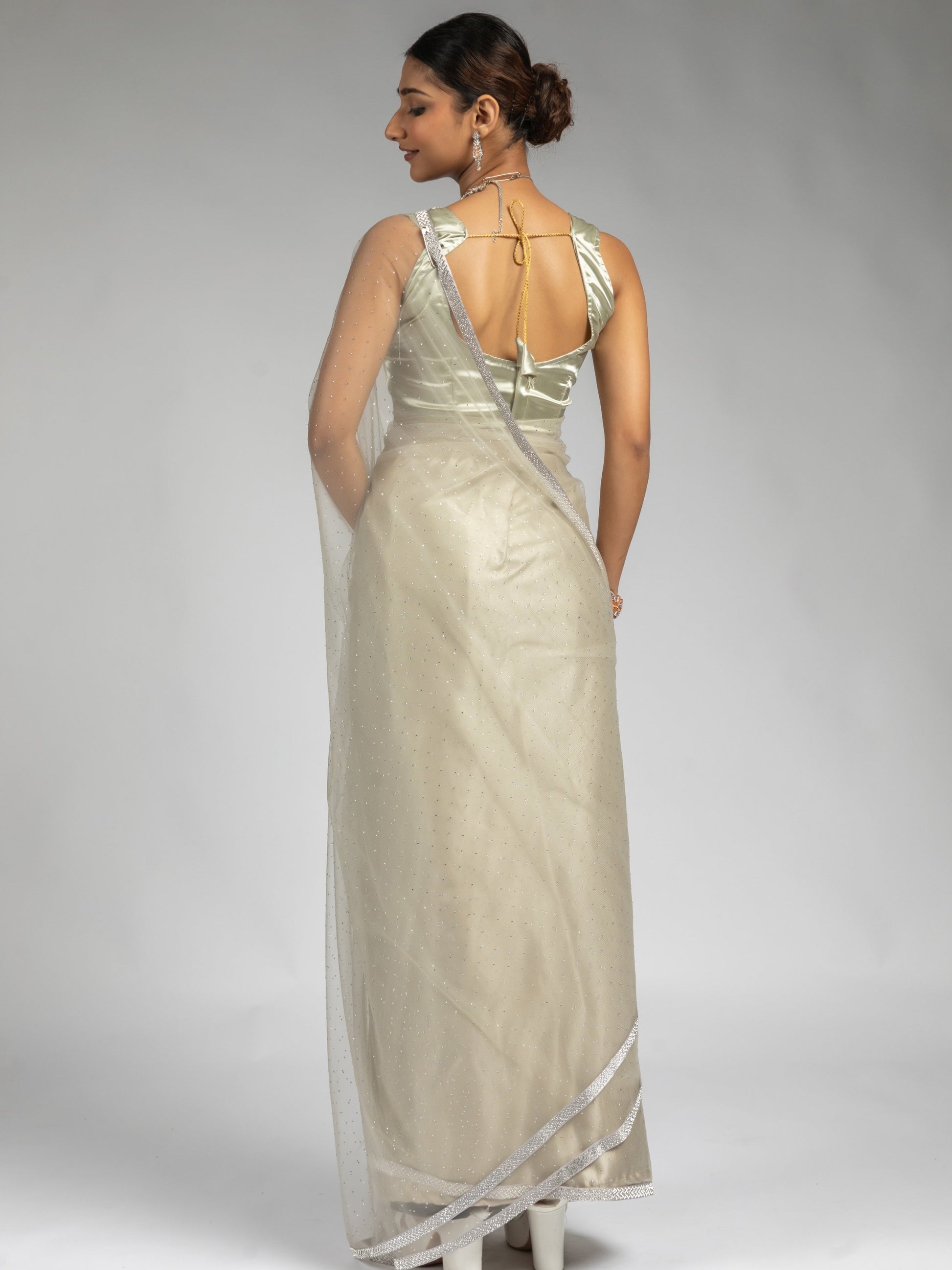 Amazing Beige Diamond Work Net Designer Pre-Stitched Saree With Blouse