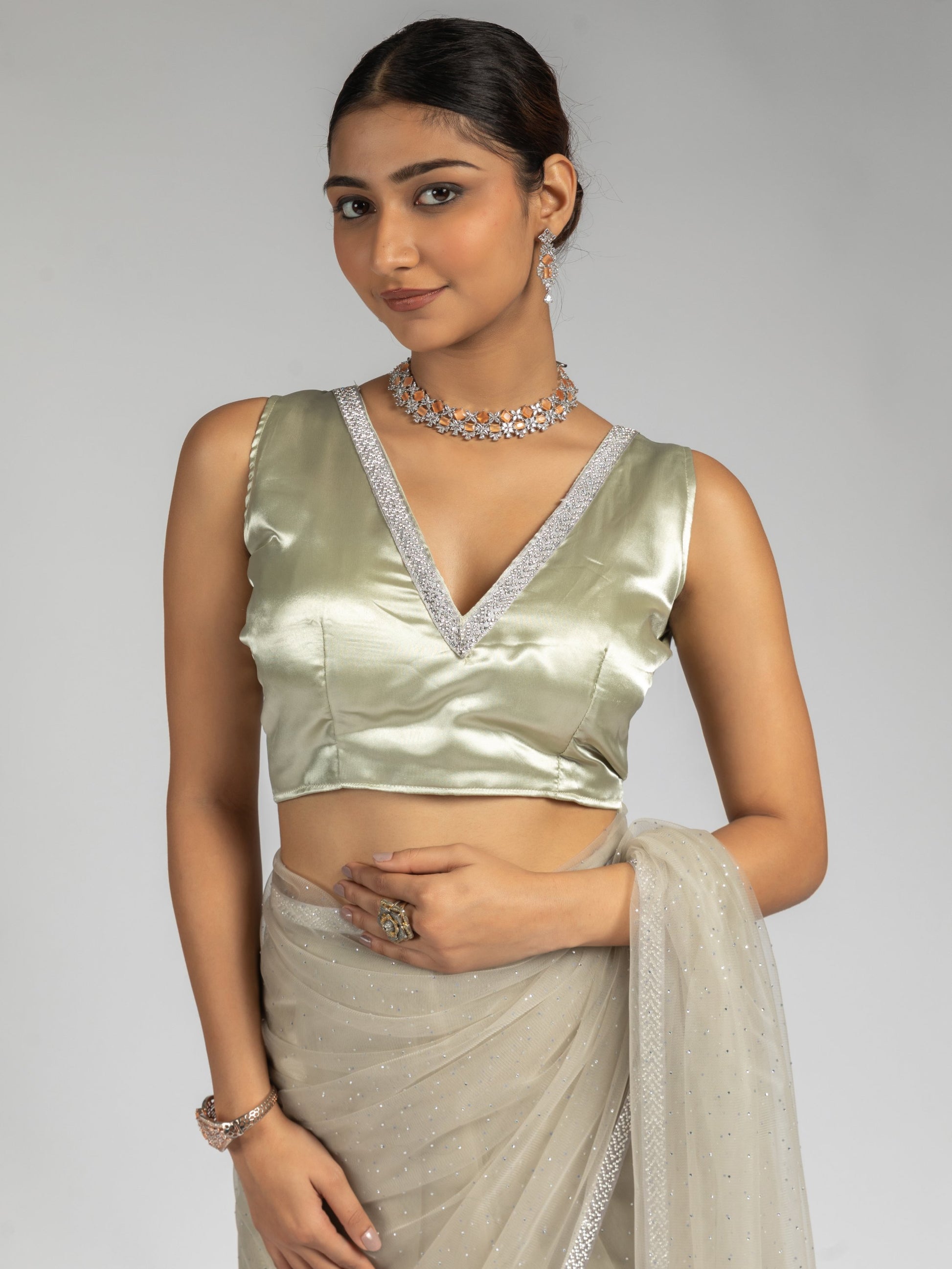 Amazing Beige Diamond Work Net Designer Pre-Stitched Saree With Blouse