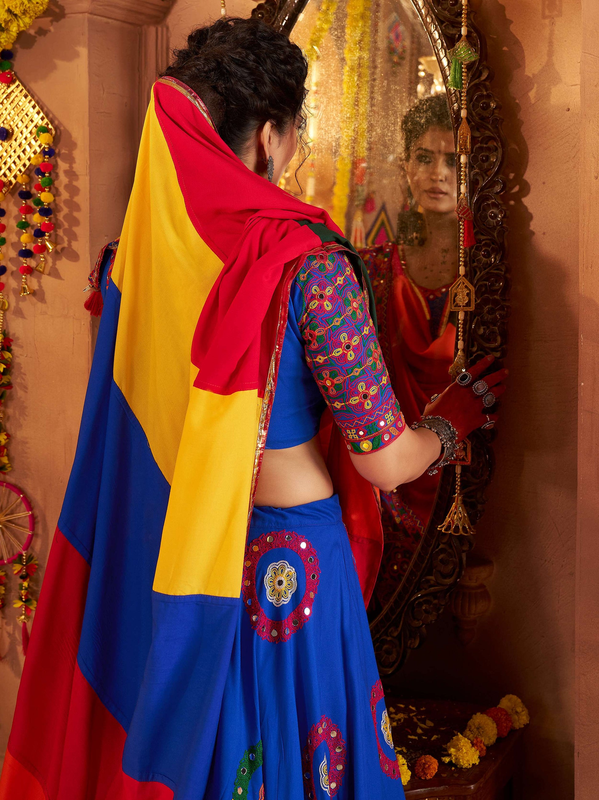Excellent Royal Blue Thread Work Cotton Navratri Special Lehenga Choli With Dupatta