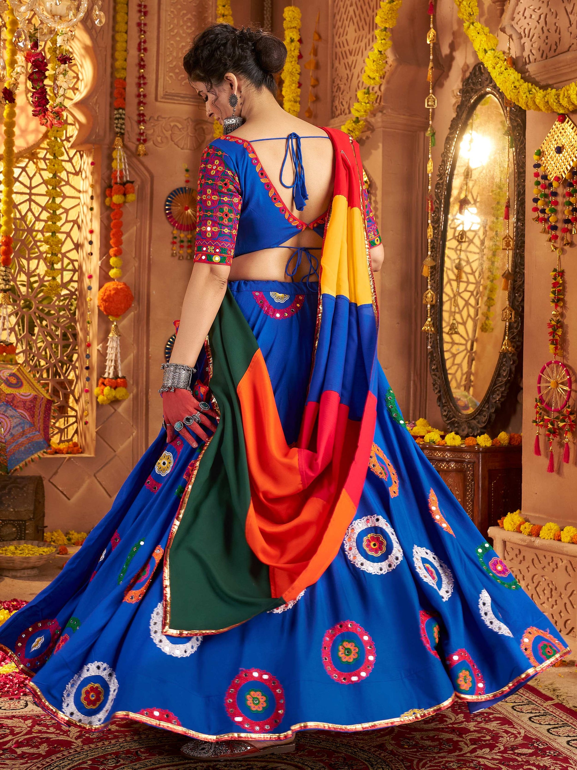 Excellent Royal Blue Thread Work Cotton Navratri Special Lehenga Choli With Dupatta