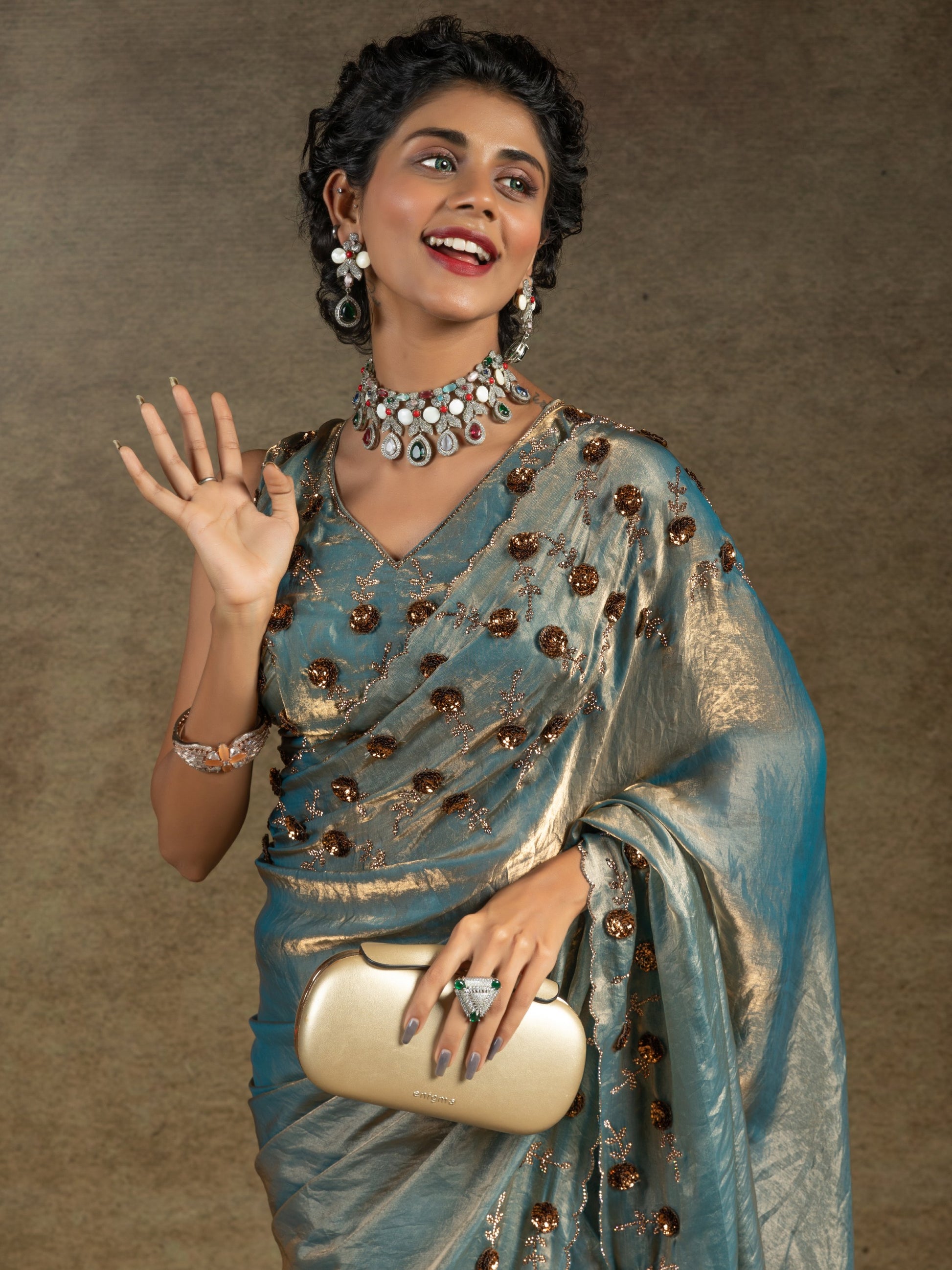 Enchanting Blue Jarkan Work Satin Party Wear Saree