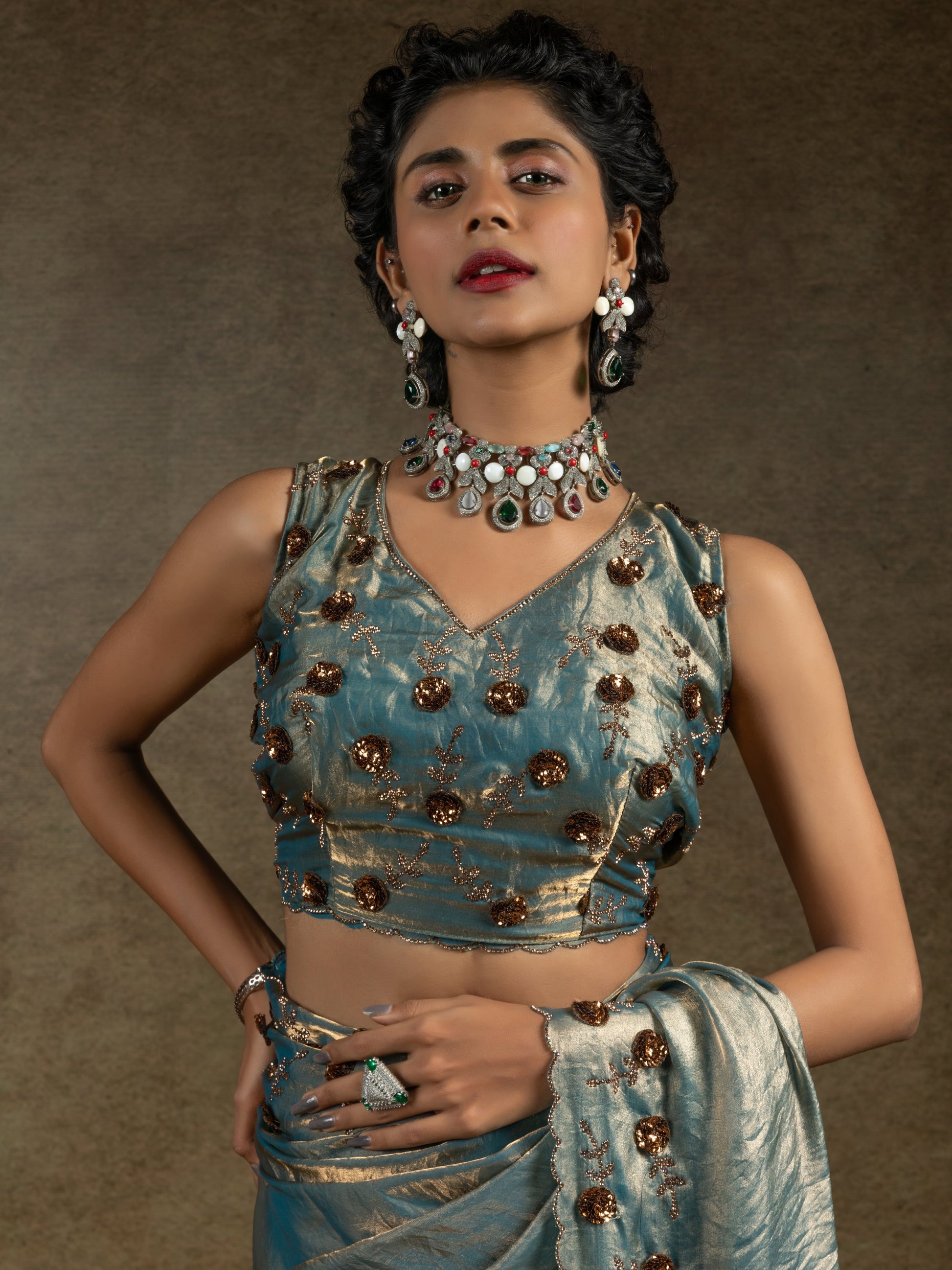 Enchanting Blue Jarkan Work Satin Party Wear Saree