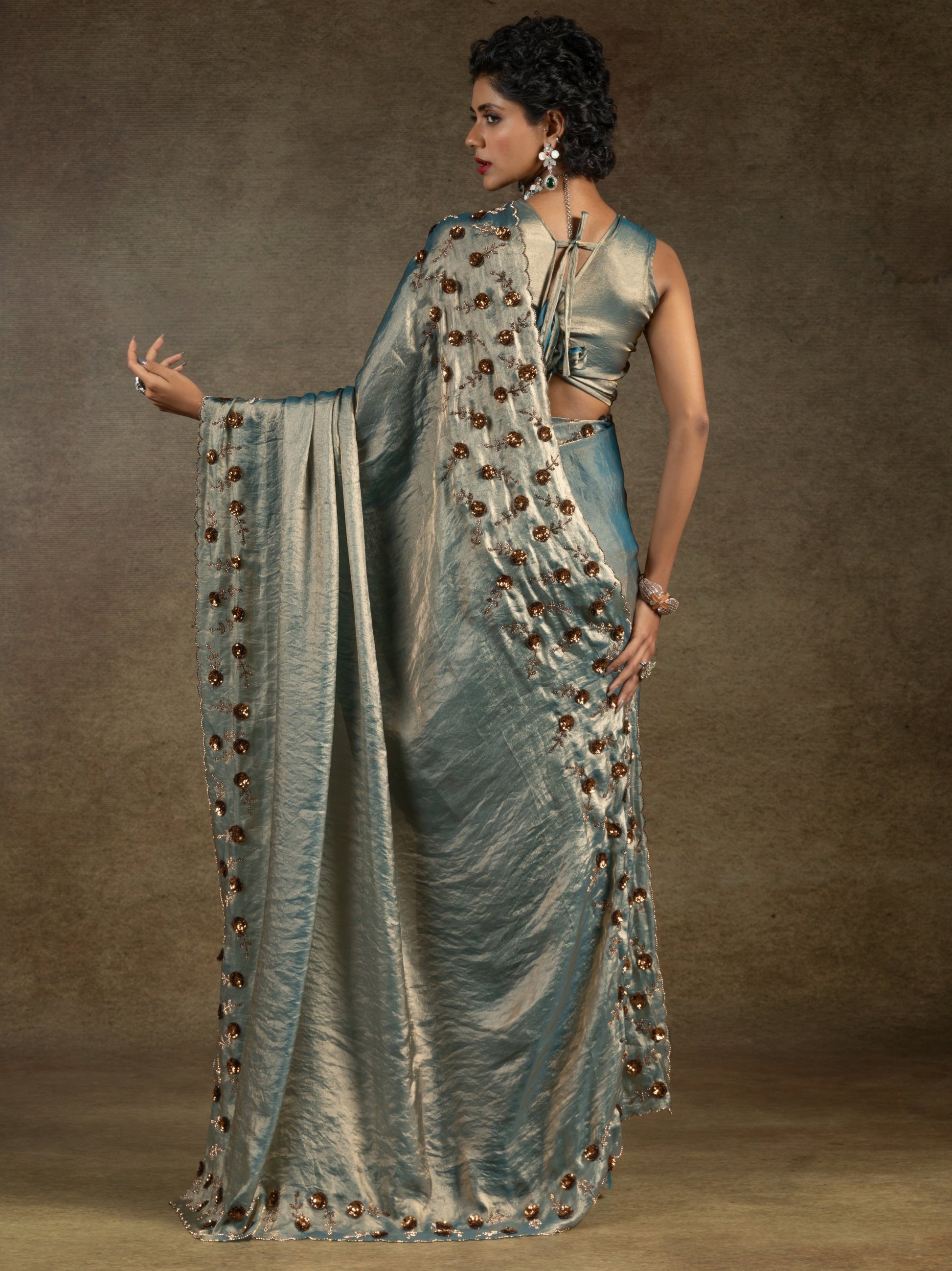 Enchanting Blue Jarkan Work Satin Party Wear Saree