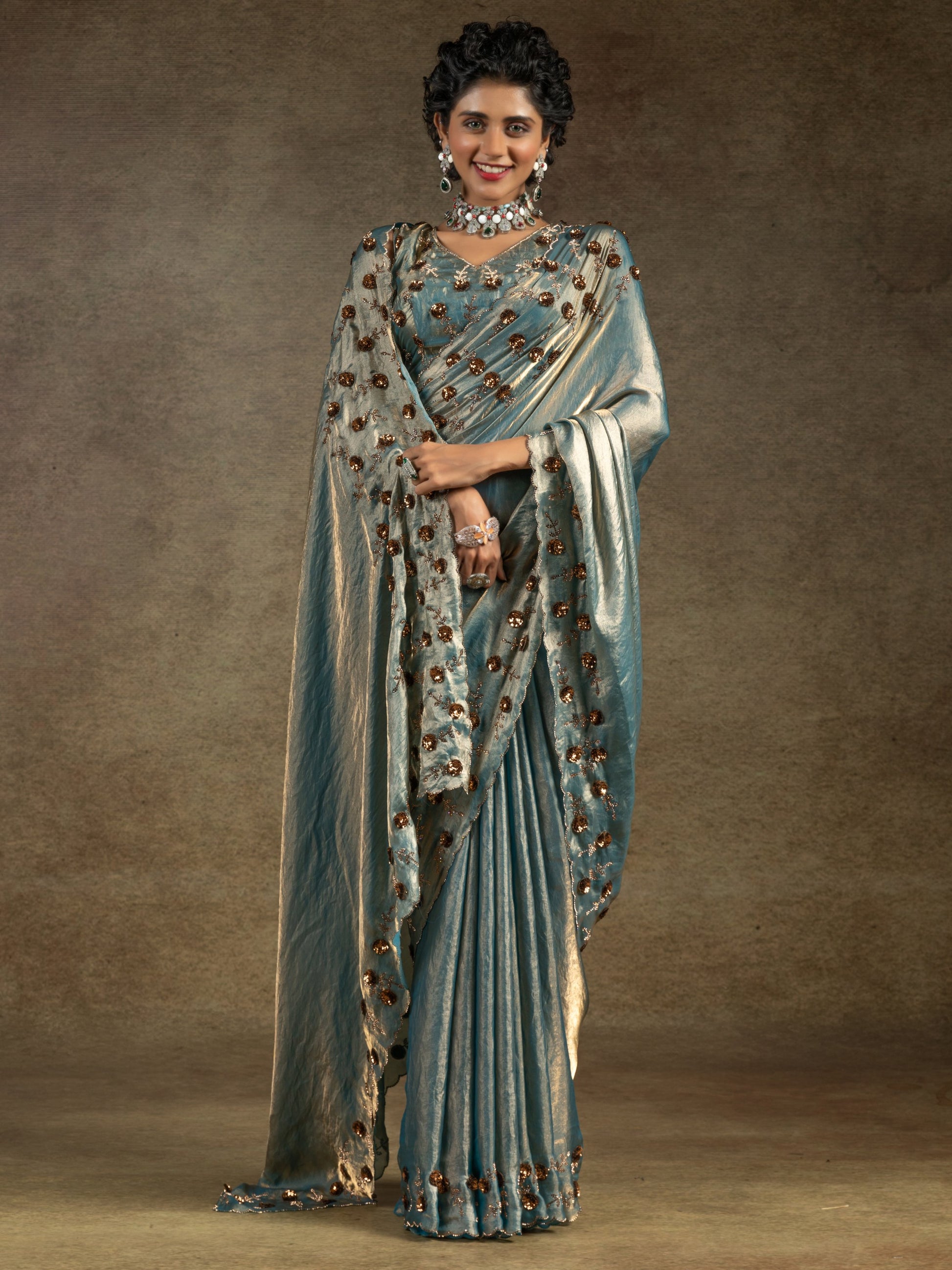 Enchanting Blue Jarkan Work Satin Party Wear Saree