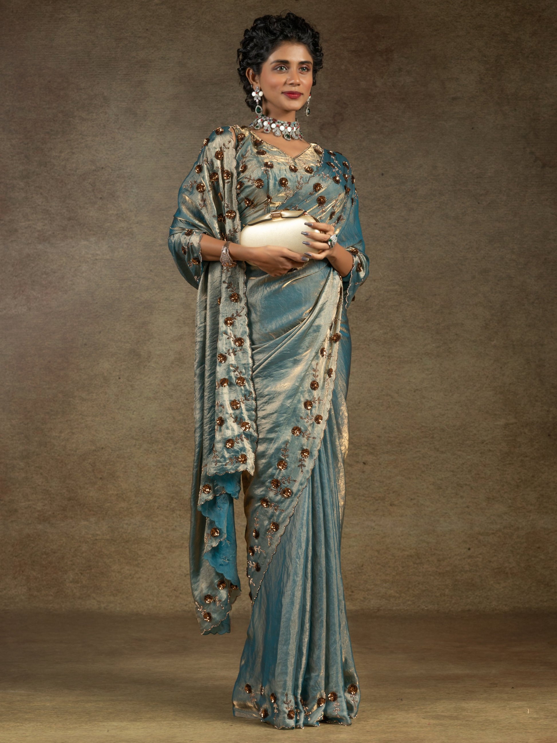 Enchanting Blue Jarkan Work Satin Party Wear Saree