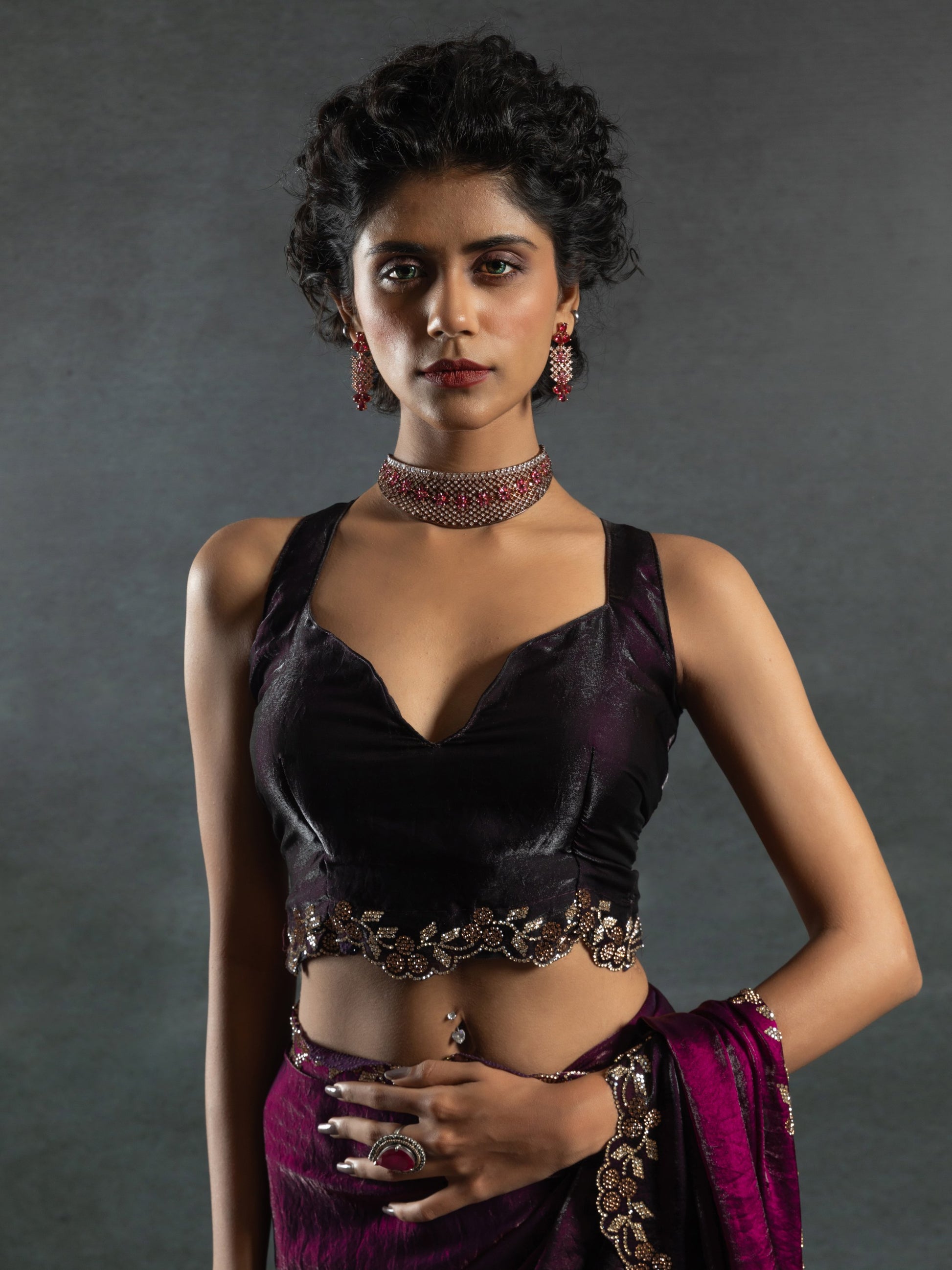 Astonishing Wine Border Work Satin Cocktail Wear Saree