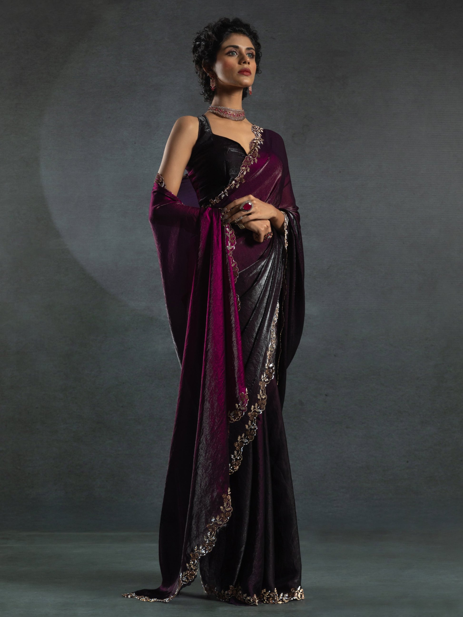 Astonishing Wine Border Work Satin Cocktail Wear Saree