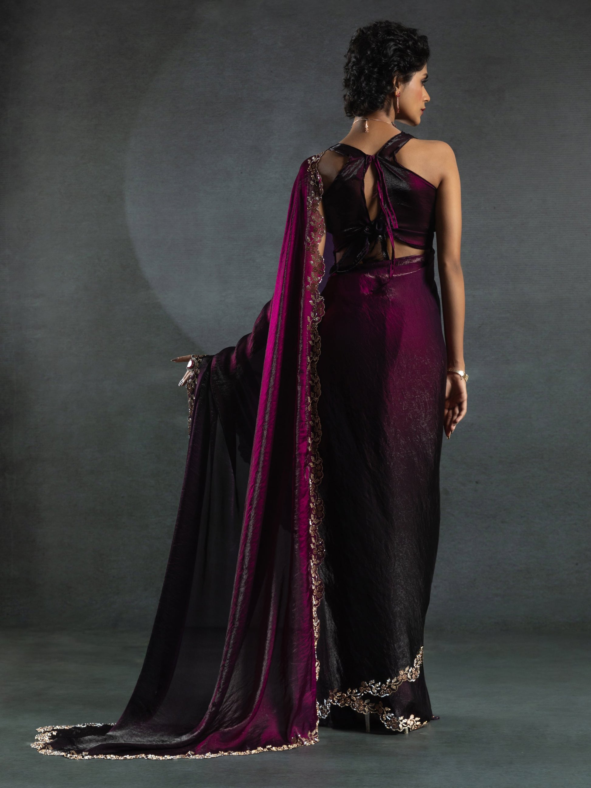 Astonishing Wine Border Work Satin Cocktail Wear Saree