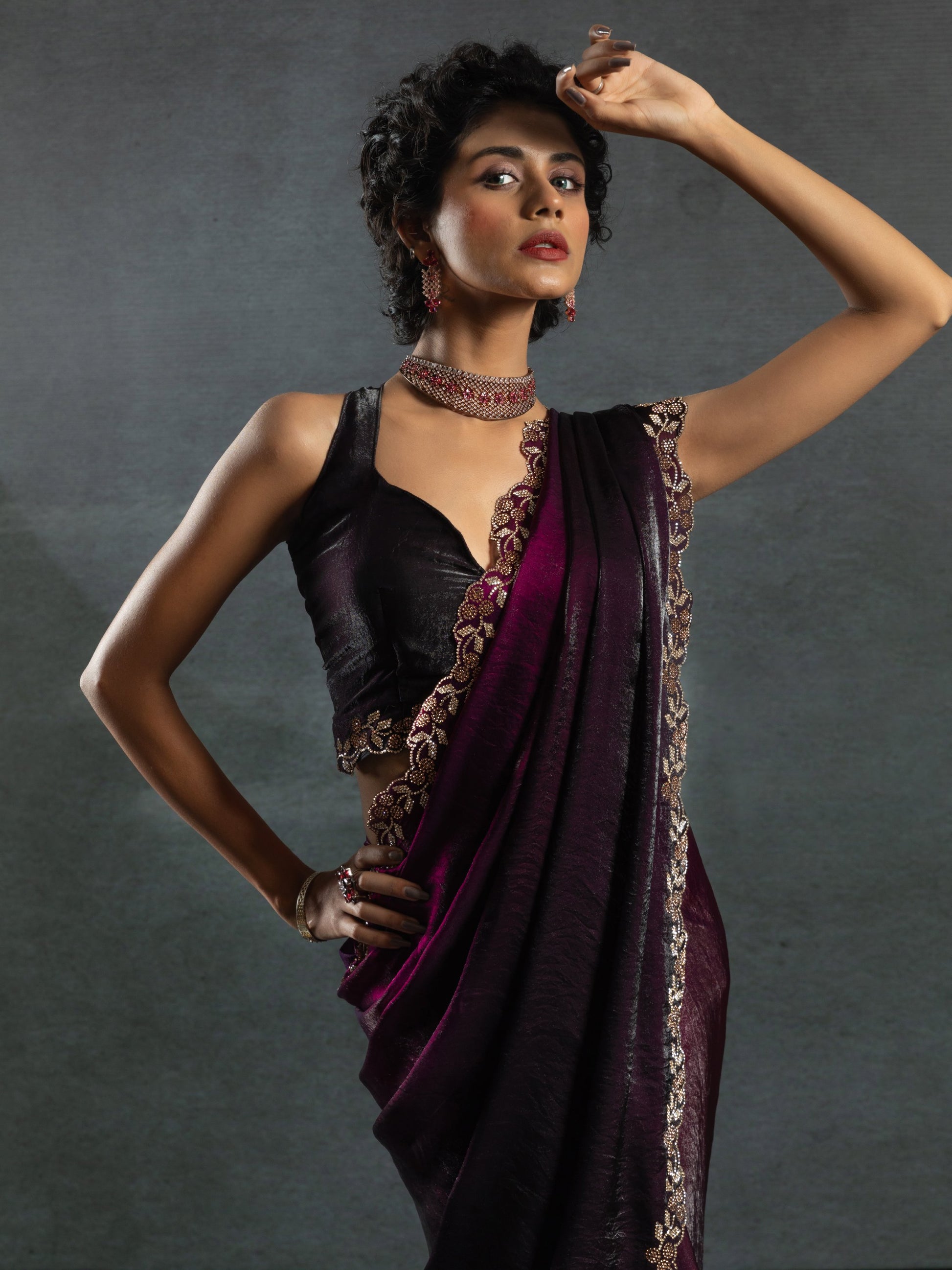 Astonishing Wine Border Work Satin Cocktail Wear Saree