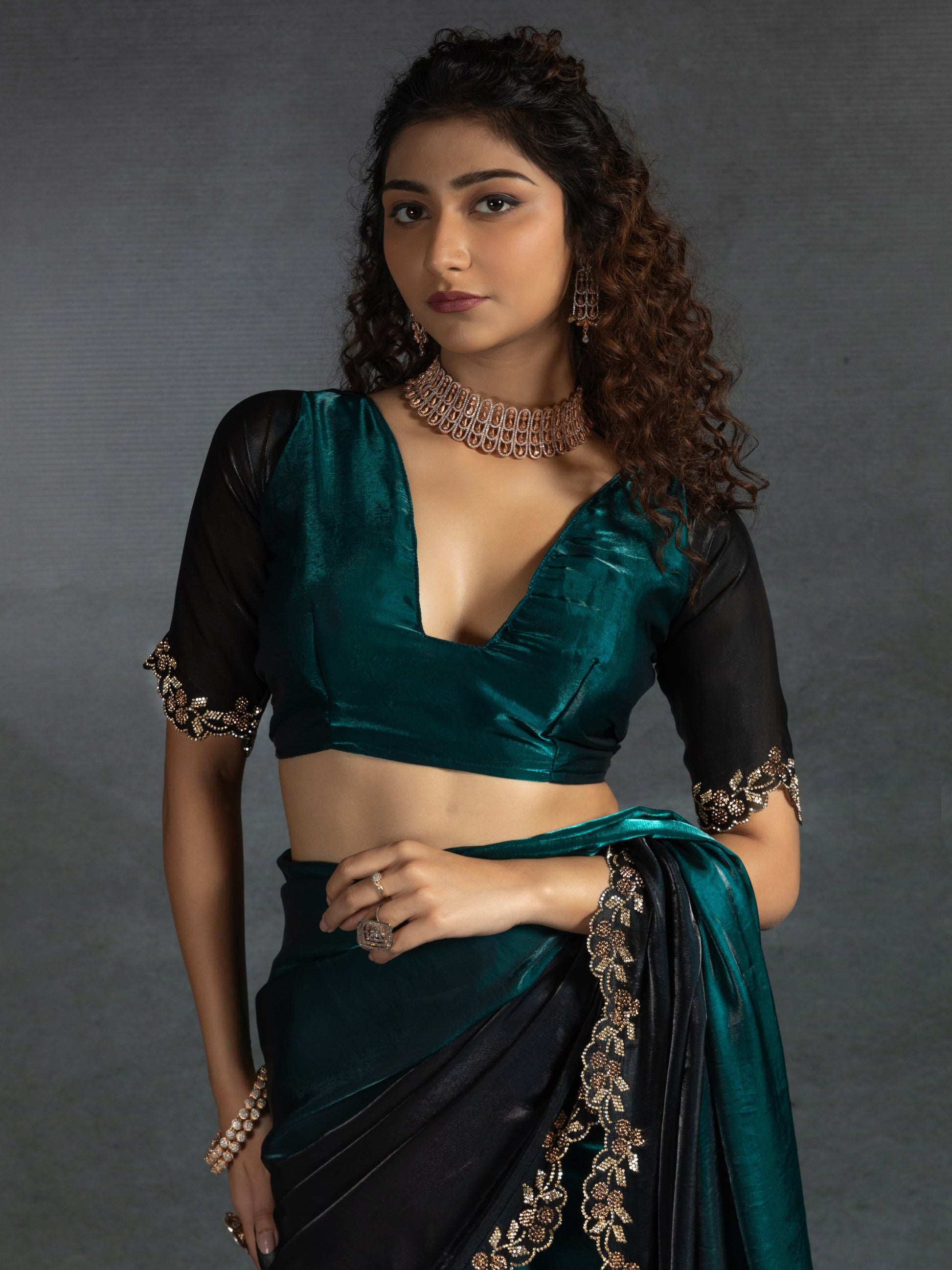 Beautiful Teal Blue Zarkan Work Satin Party Wear Saree With Blouse