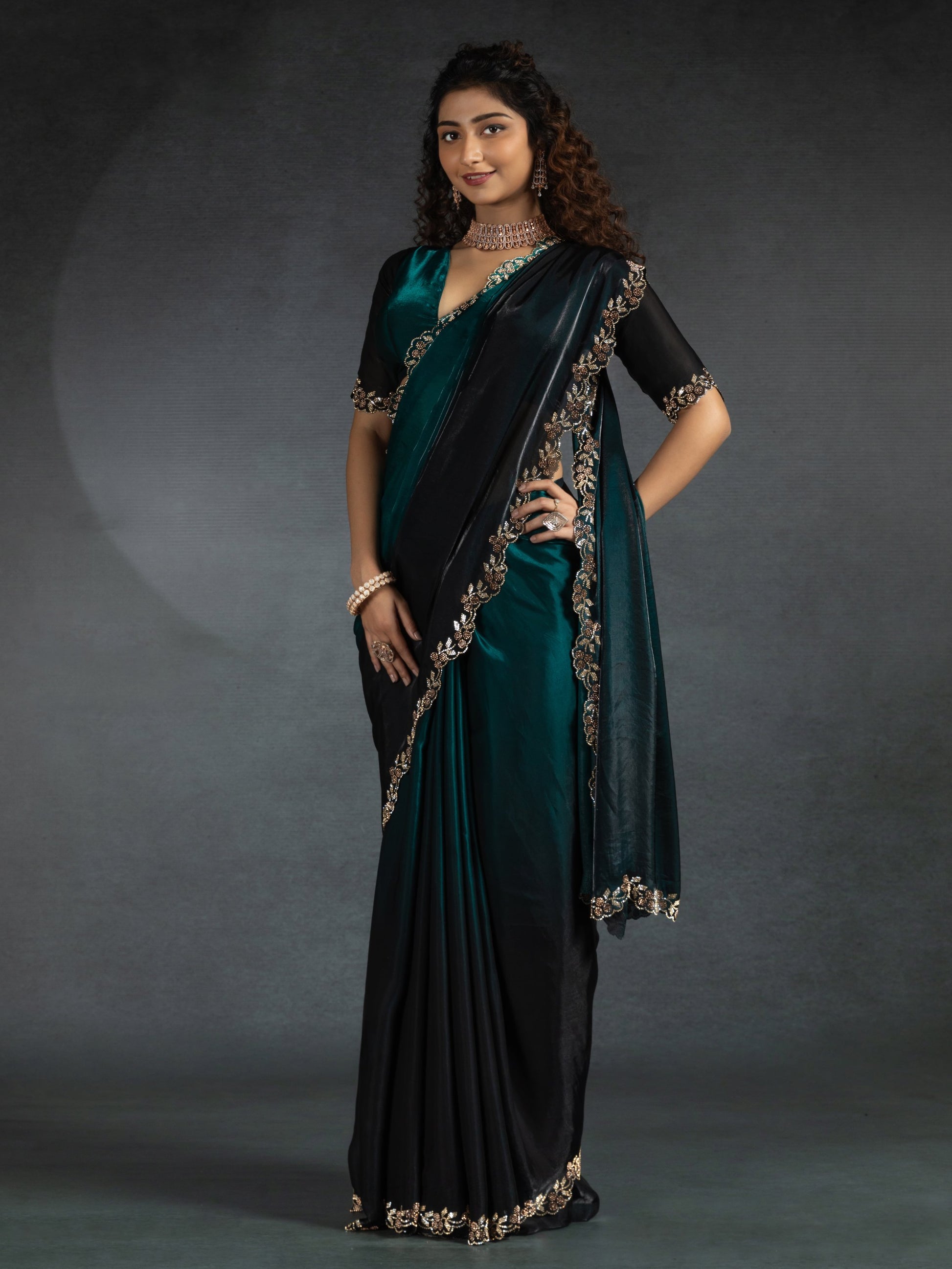 Beautiful Teal Blue Zarkan Work Satin Party Wear Saree With Blouse