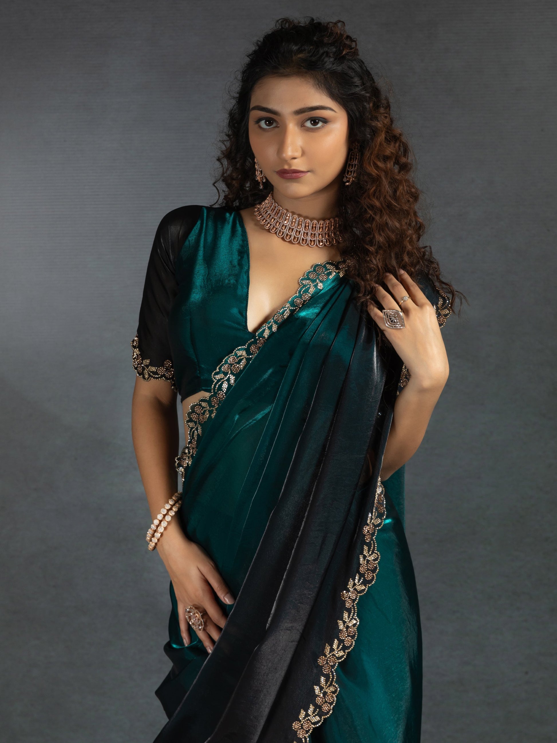 Beautiful Teal Blue Zarkan Work Satin Party Wear Saree With Blouse