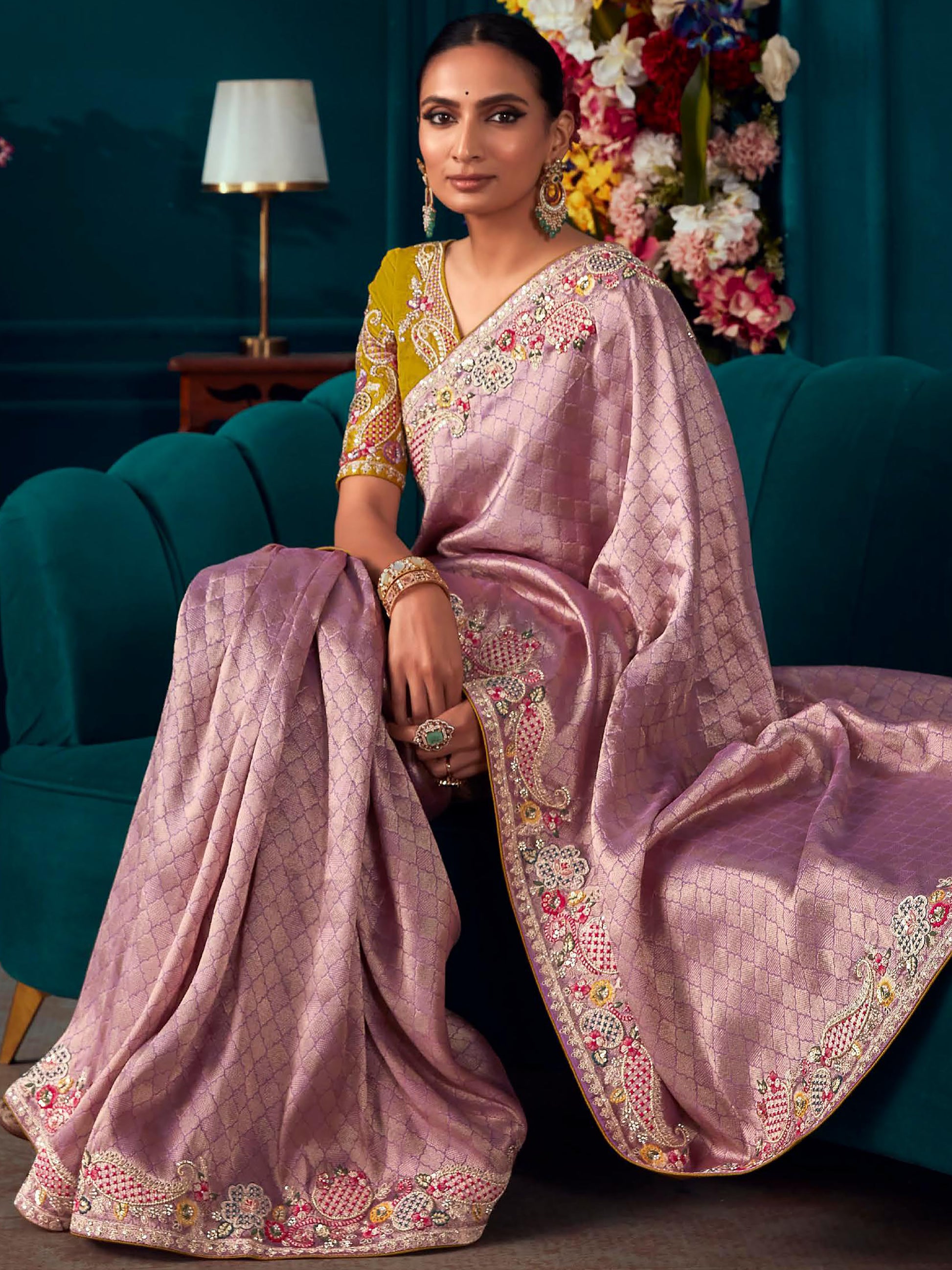 Fabulous Lavender Embroidered Kanjivaram Silk Party Wear Saree