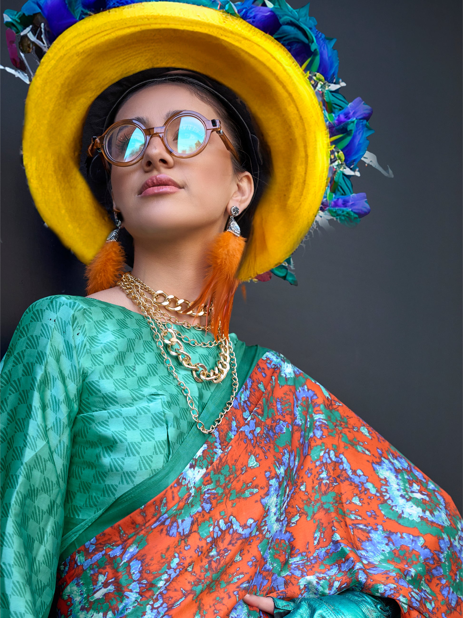 Wonderful Orange Printed Satin Festival Wear Saree With Blouse