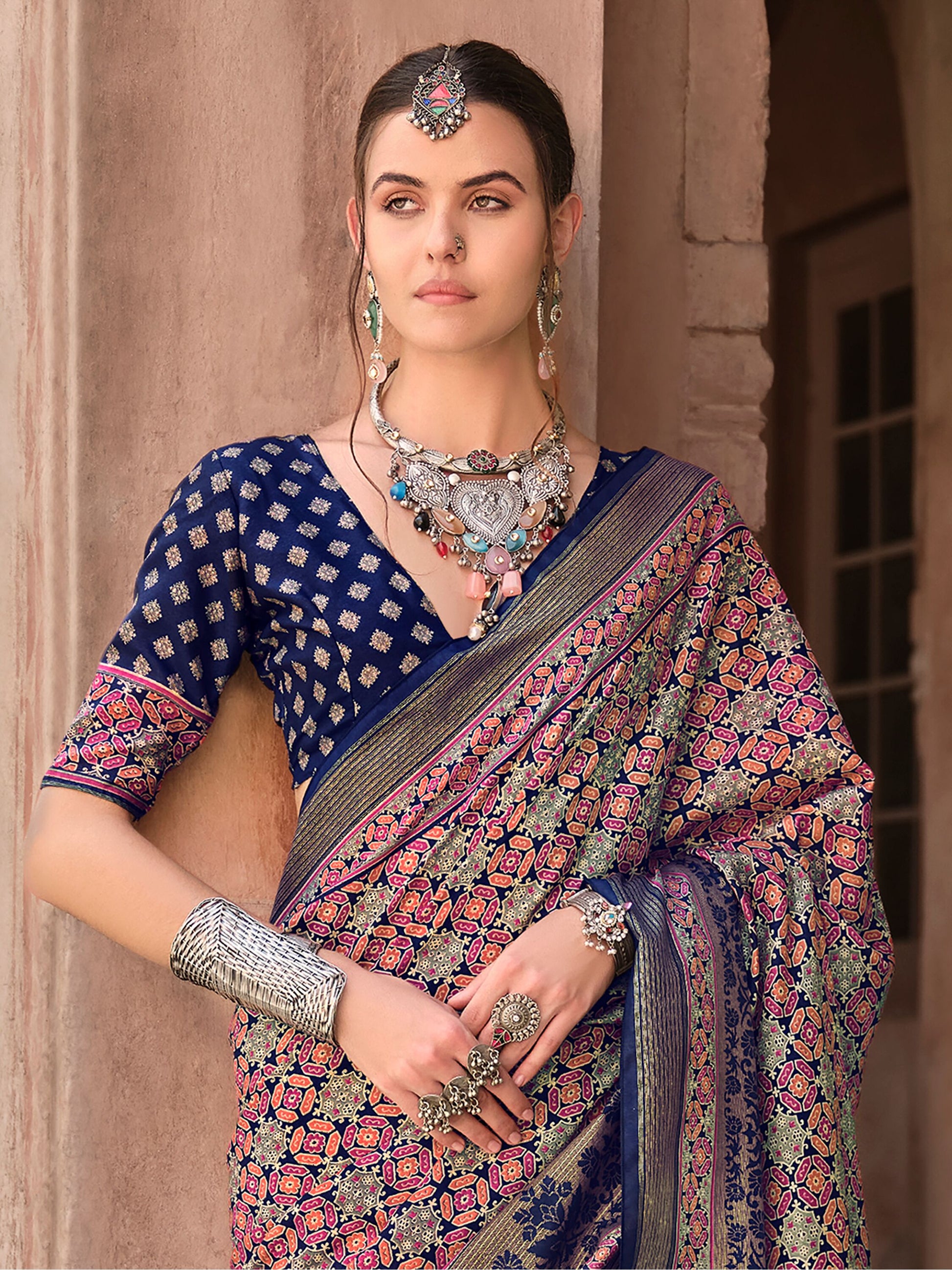 Marvelous Navy Blue Digital Printed Silk Event Wear Saree With Blouse