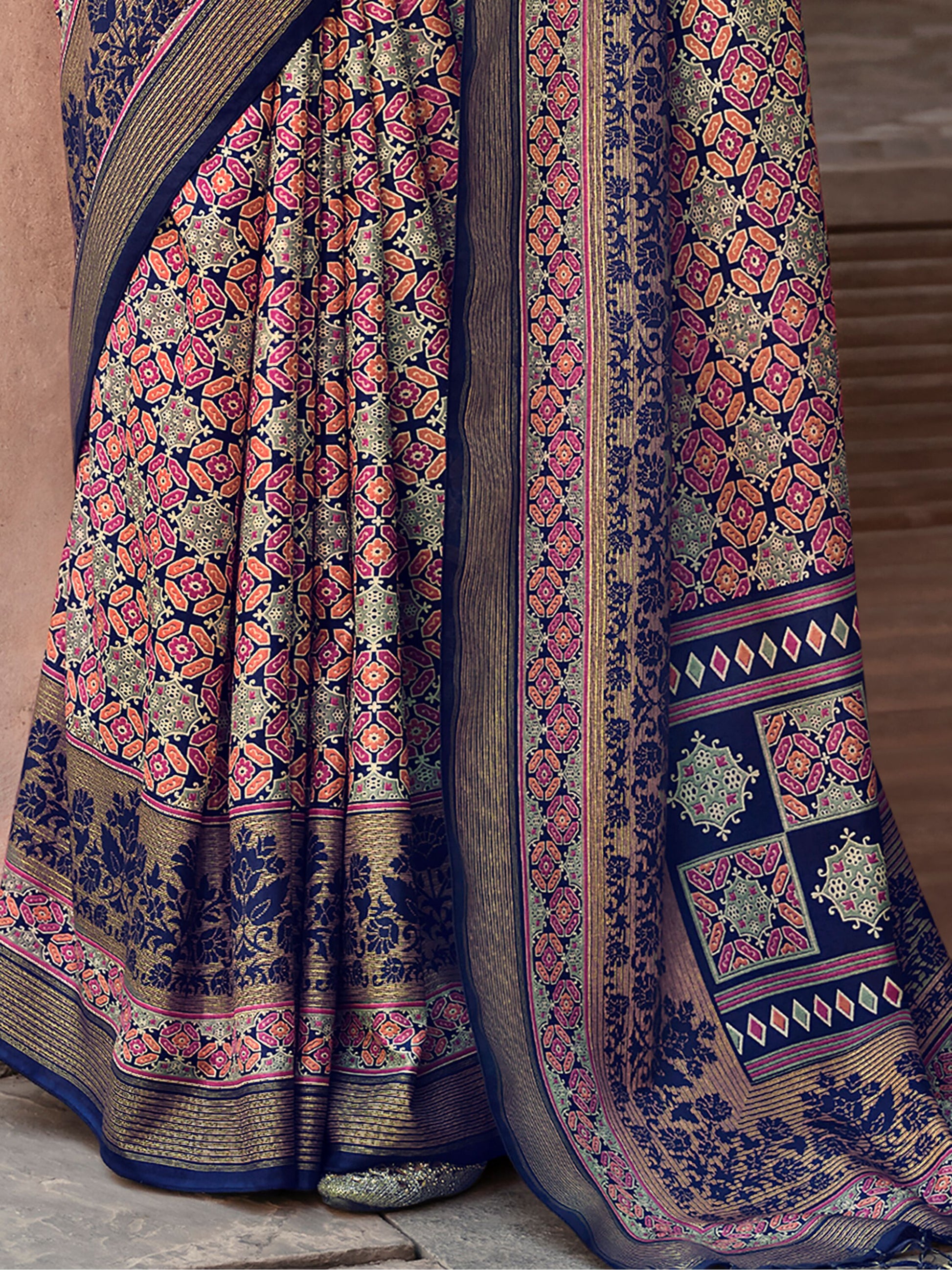 Marvelous Navy Blue Digital Printed Silk Event Wear Saree With Blouse