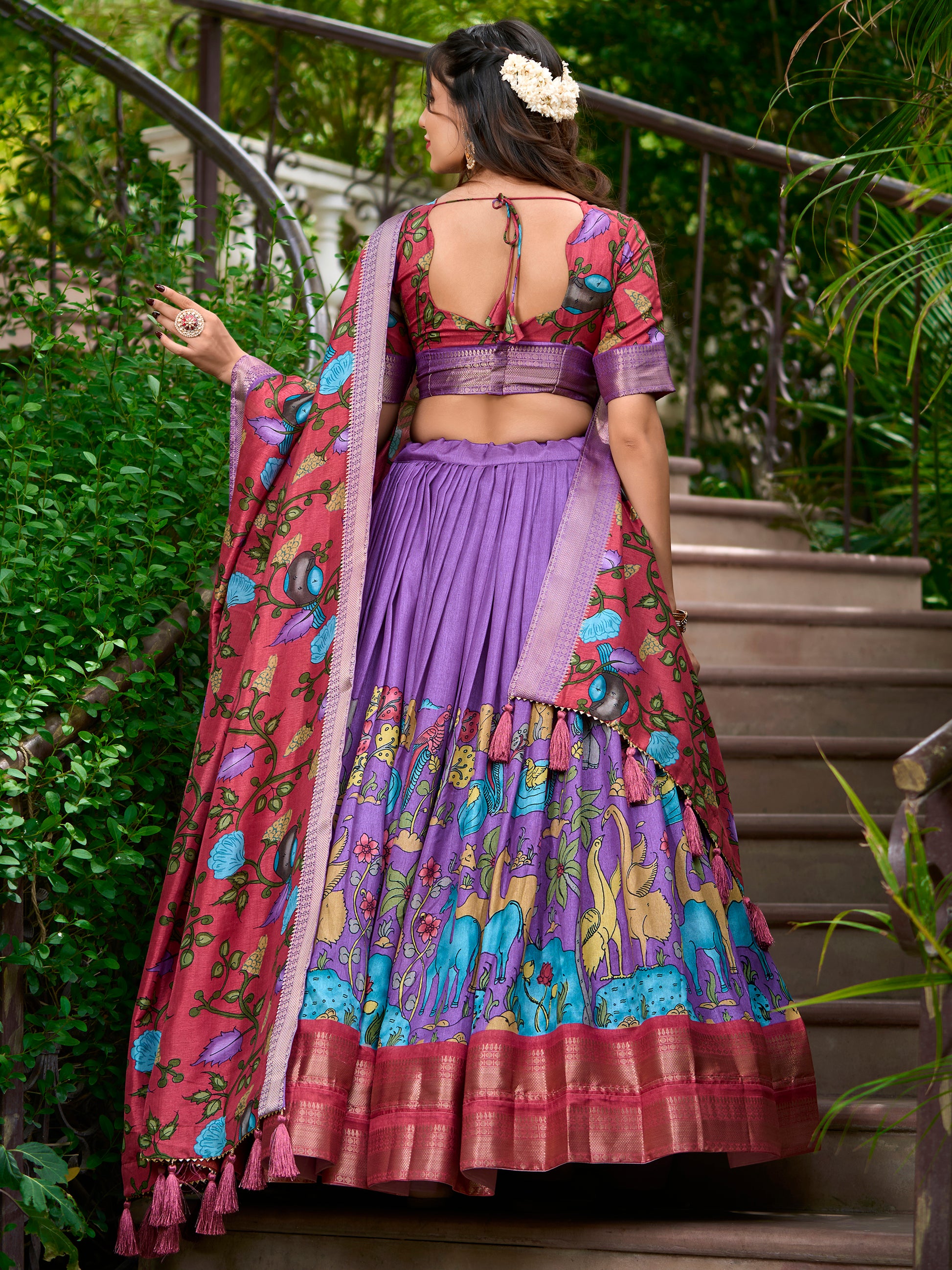 Stunning Lavender Kalamkari Printed Dola Silk Traditional Lehenga Choli