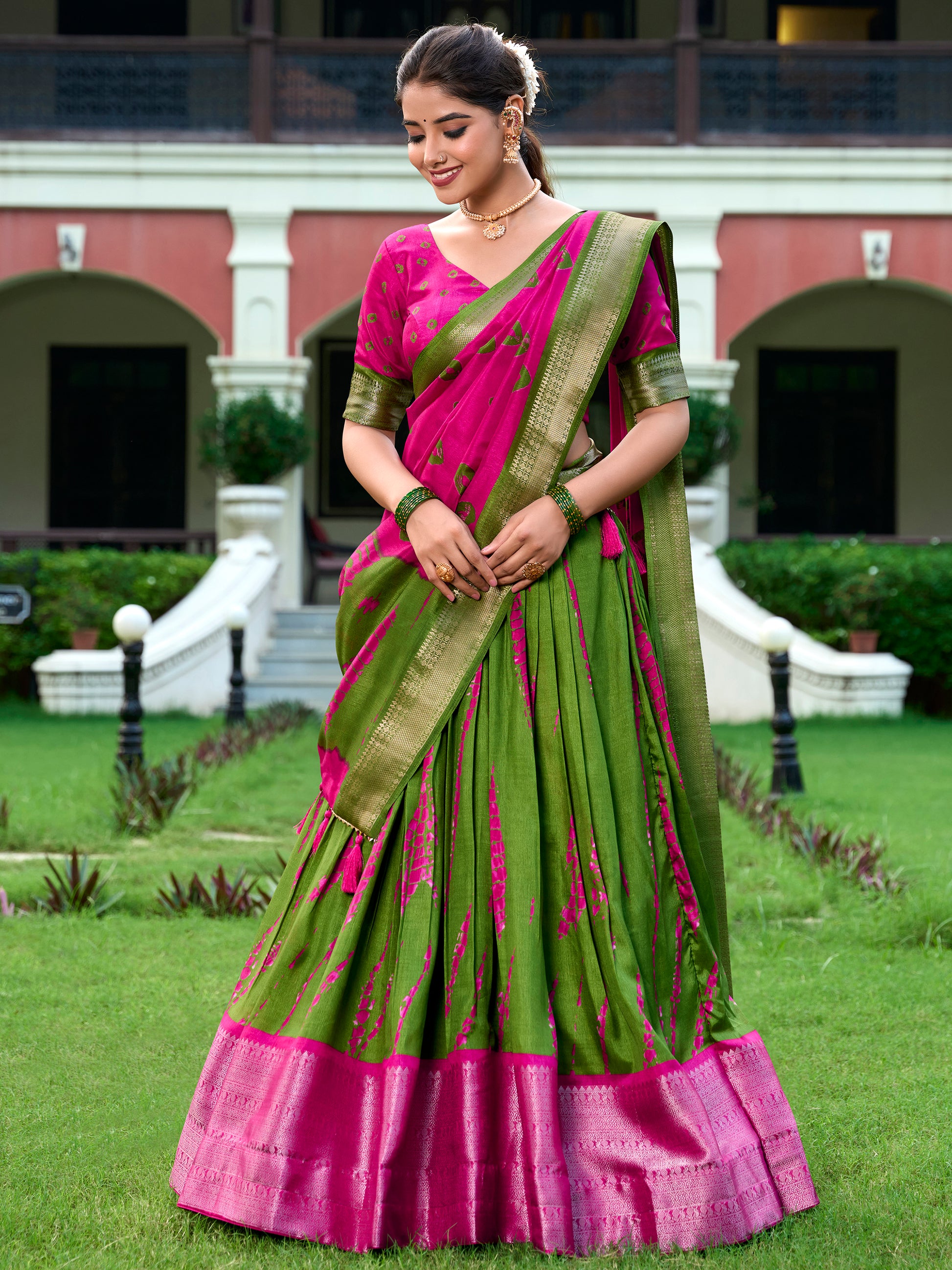 Attractive Green Shibori Printed Silk Event Wear Lehenga Choli