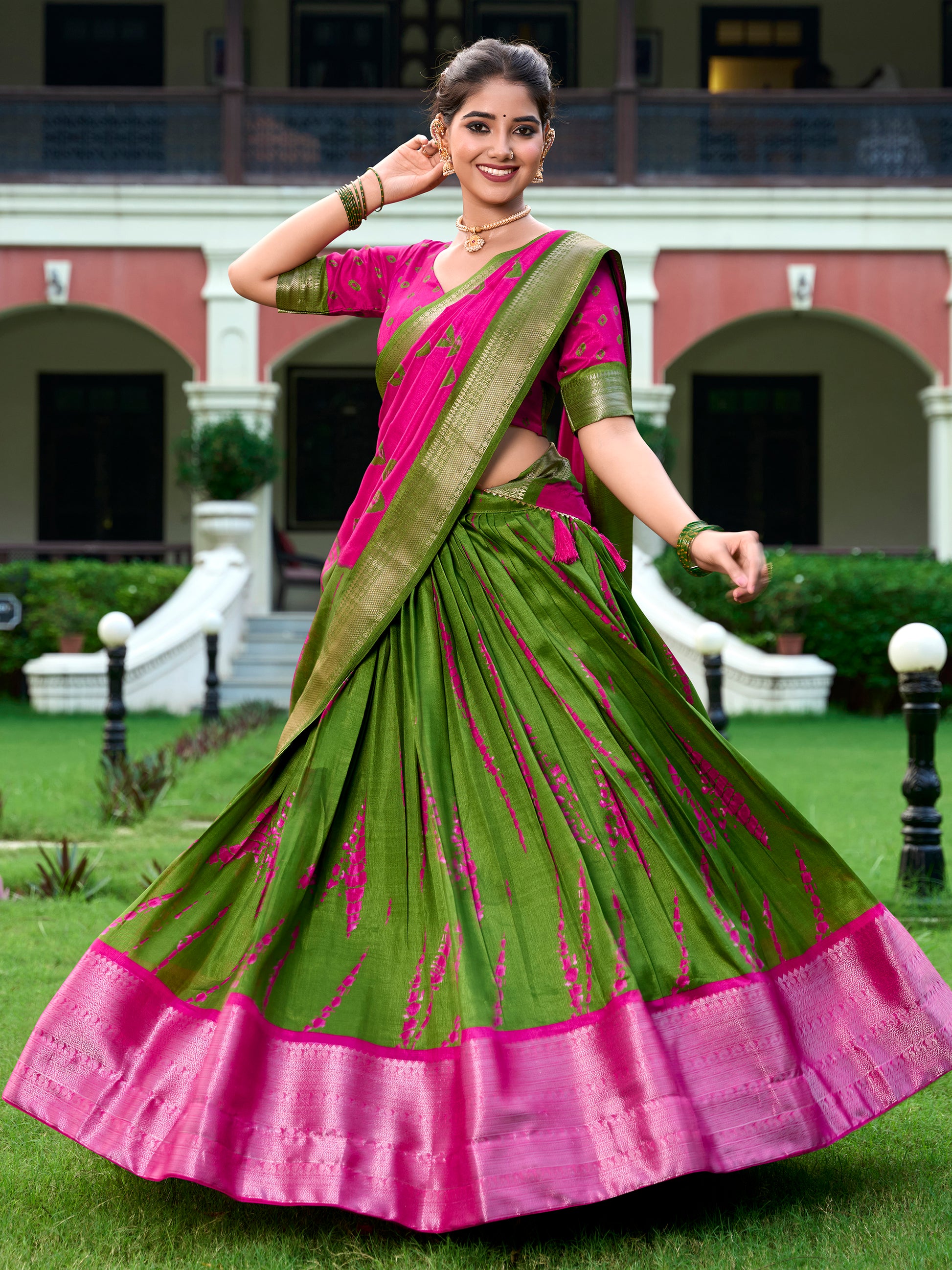 Attractive Green Shibori Printed Silk Event Wear Lehenga Choli