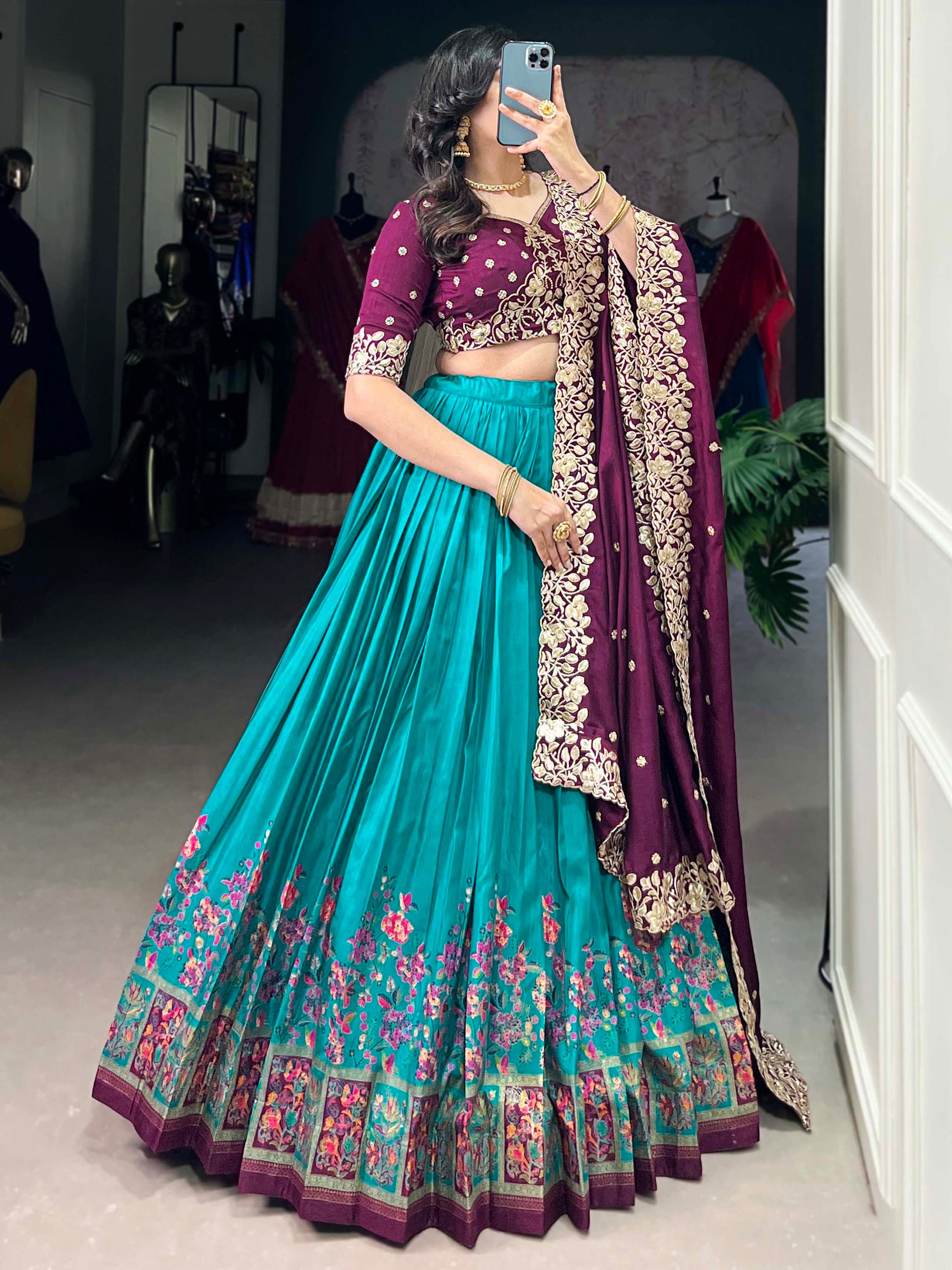 Delightful Teal Blue Tussar Silk Lehenga With Embroidered Choli