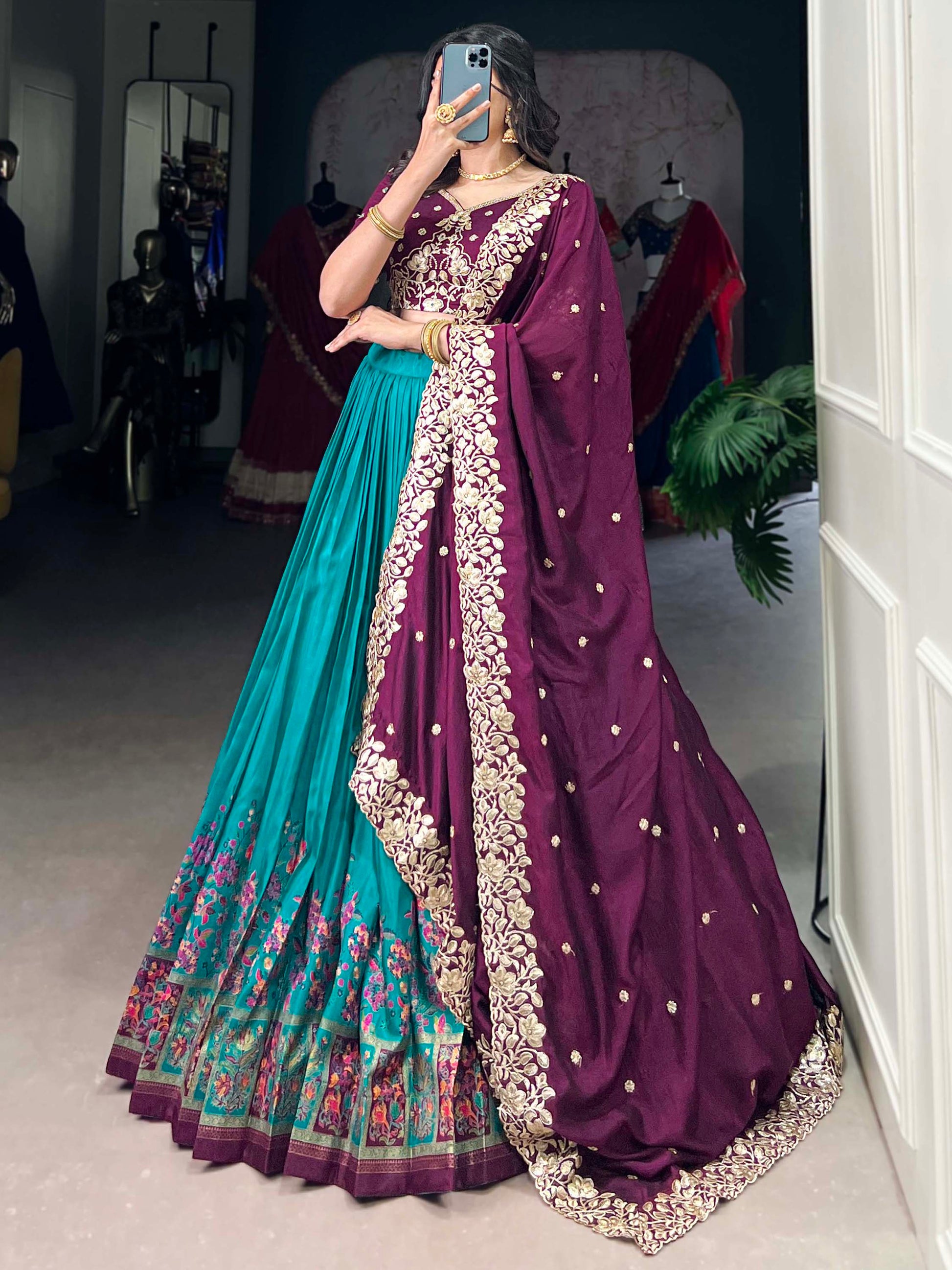 Delightful Teal Blue Tussar Silk Lehenga With Embroidered Choli