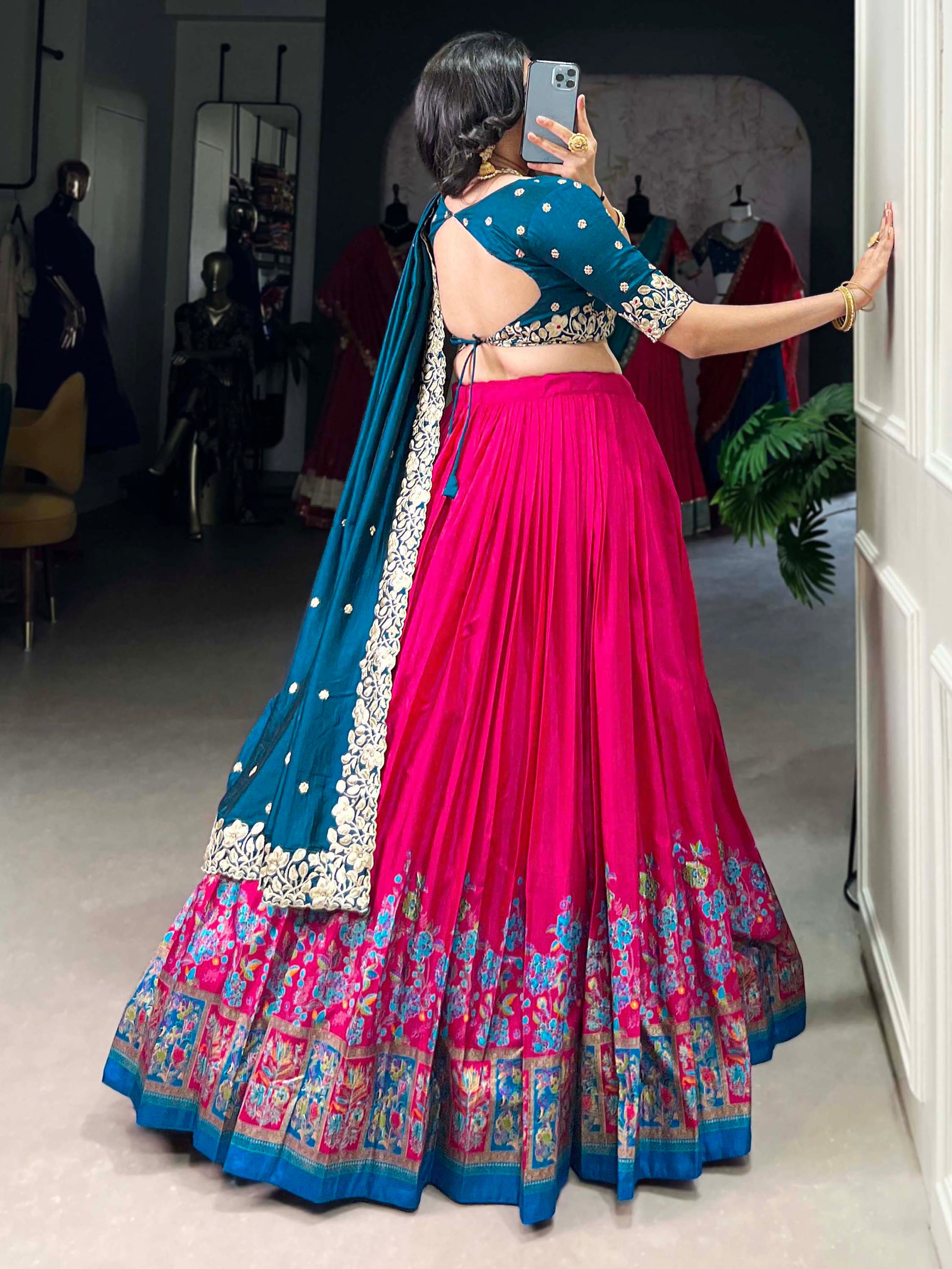 Fabulously Pink Floral Printed Tussar Silk Wedding Lehenga Choli