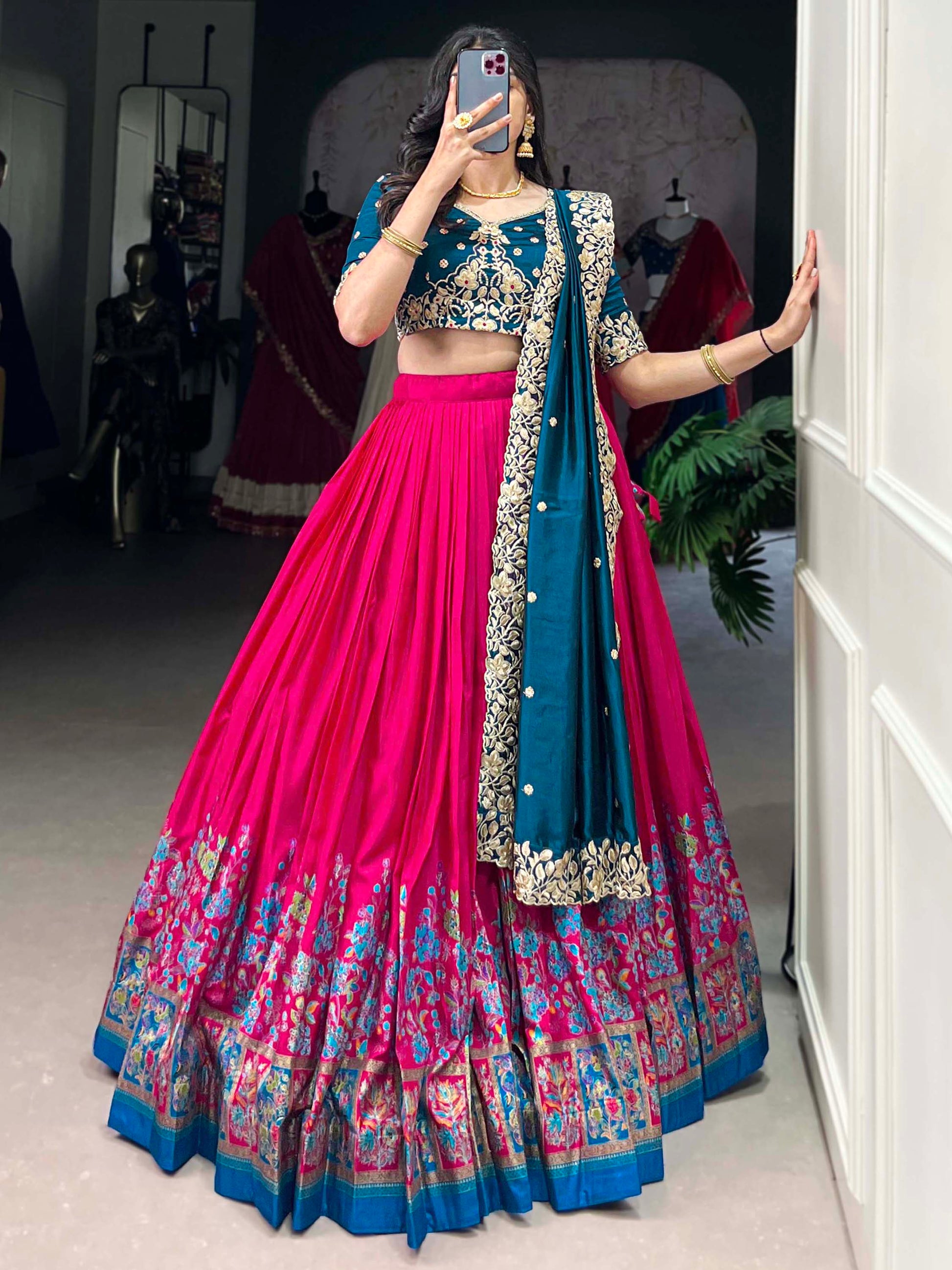 Fabulously Pink Floral Printed Tussar Silk Wedding Lehenga Choli