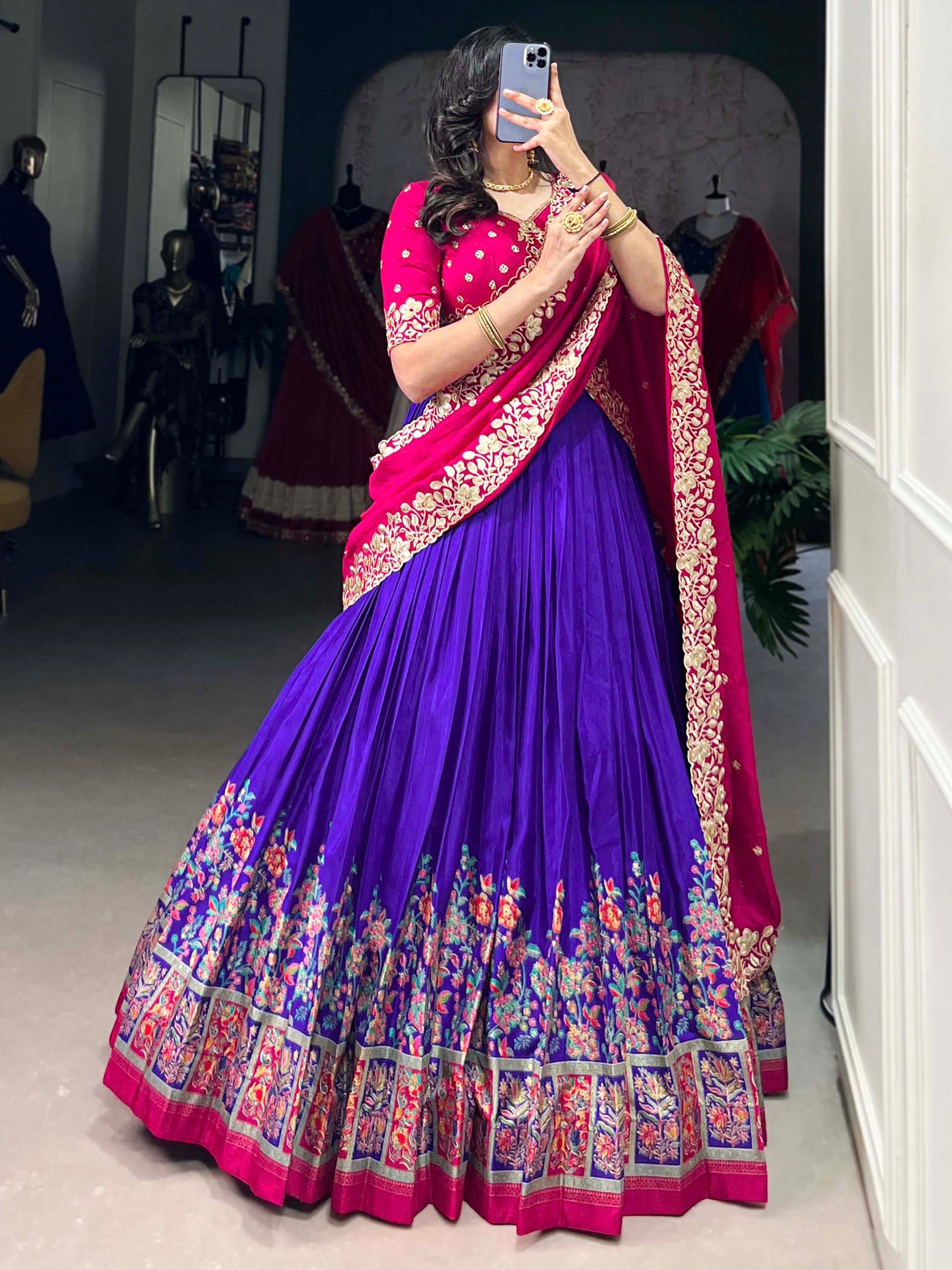 Tantalizing Purple Printed Tussar Silk Festival Wear Lehenga Choli
