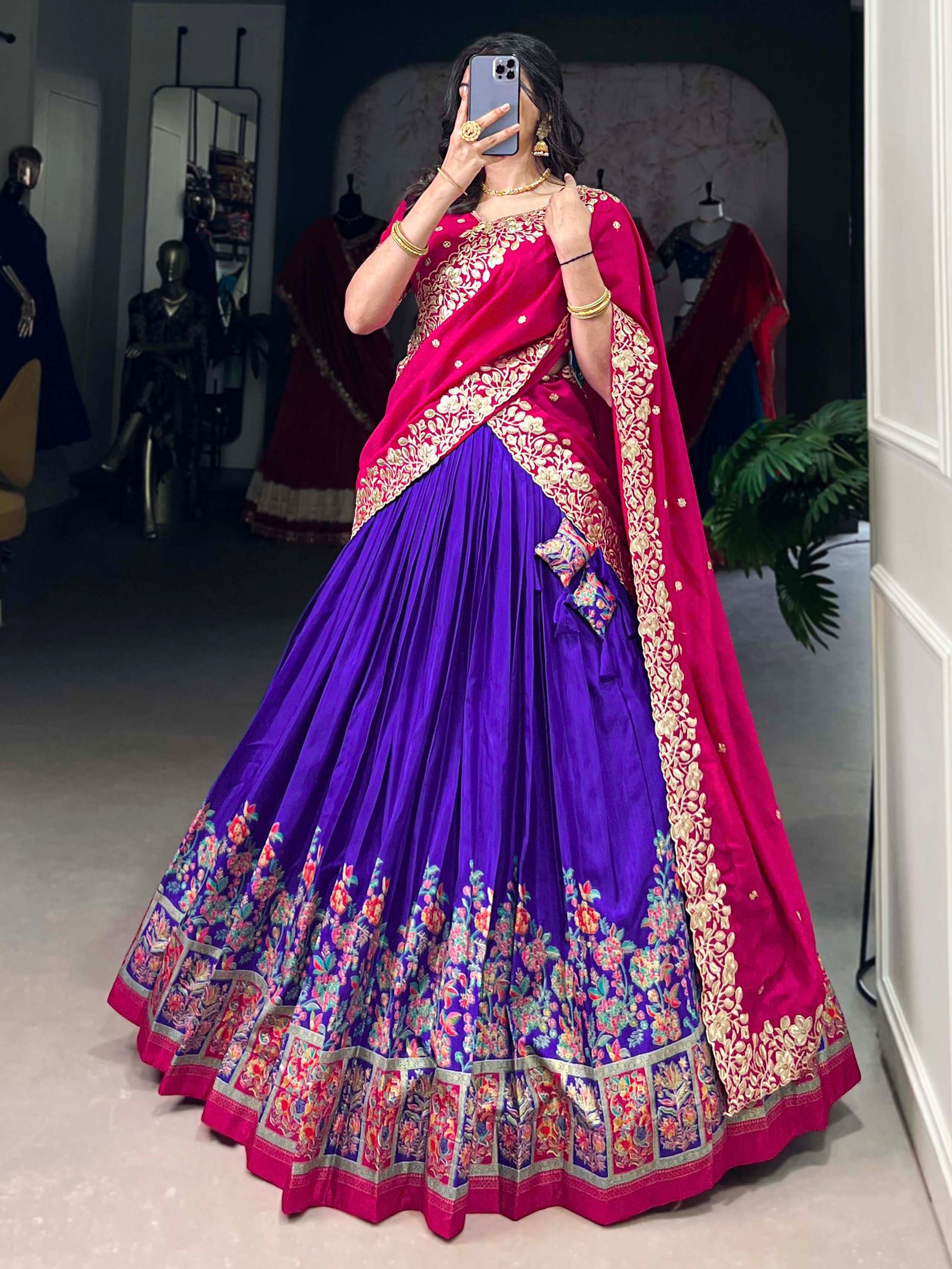 Tantalizing Purple Printed Tussar Silk Festival Wear Lehenga Choli