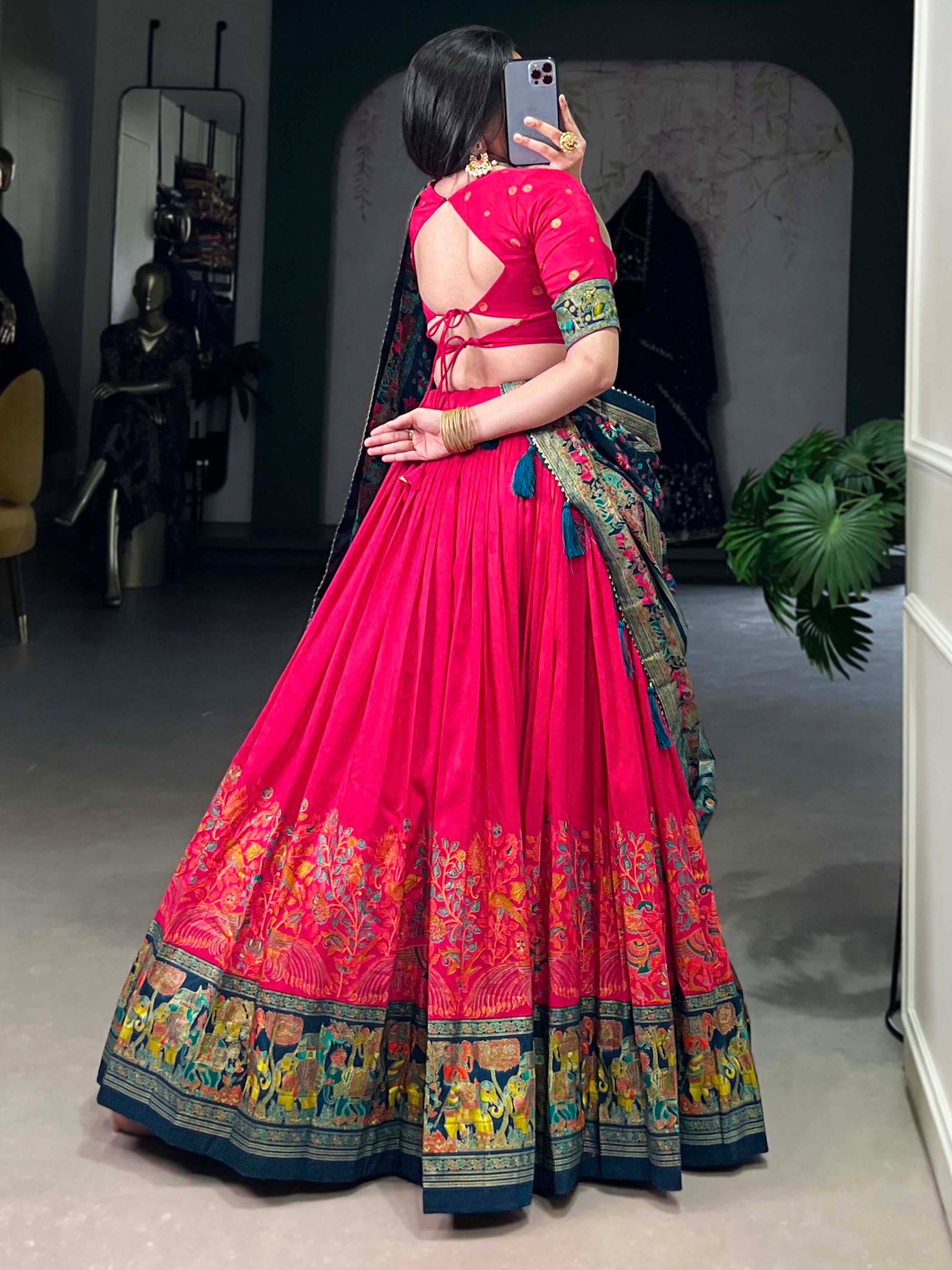 Pretty Pink Foil Work Tussar Silk Lehenga Choli With Navy Blue Dupatta