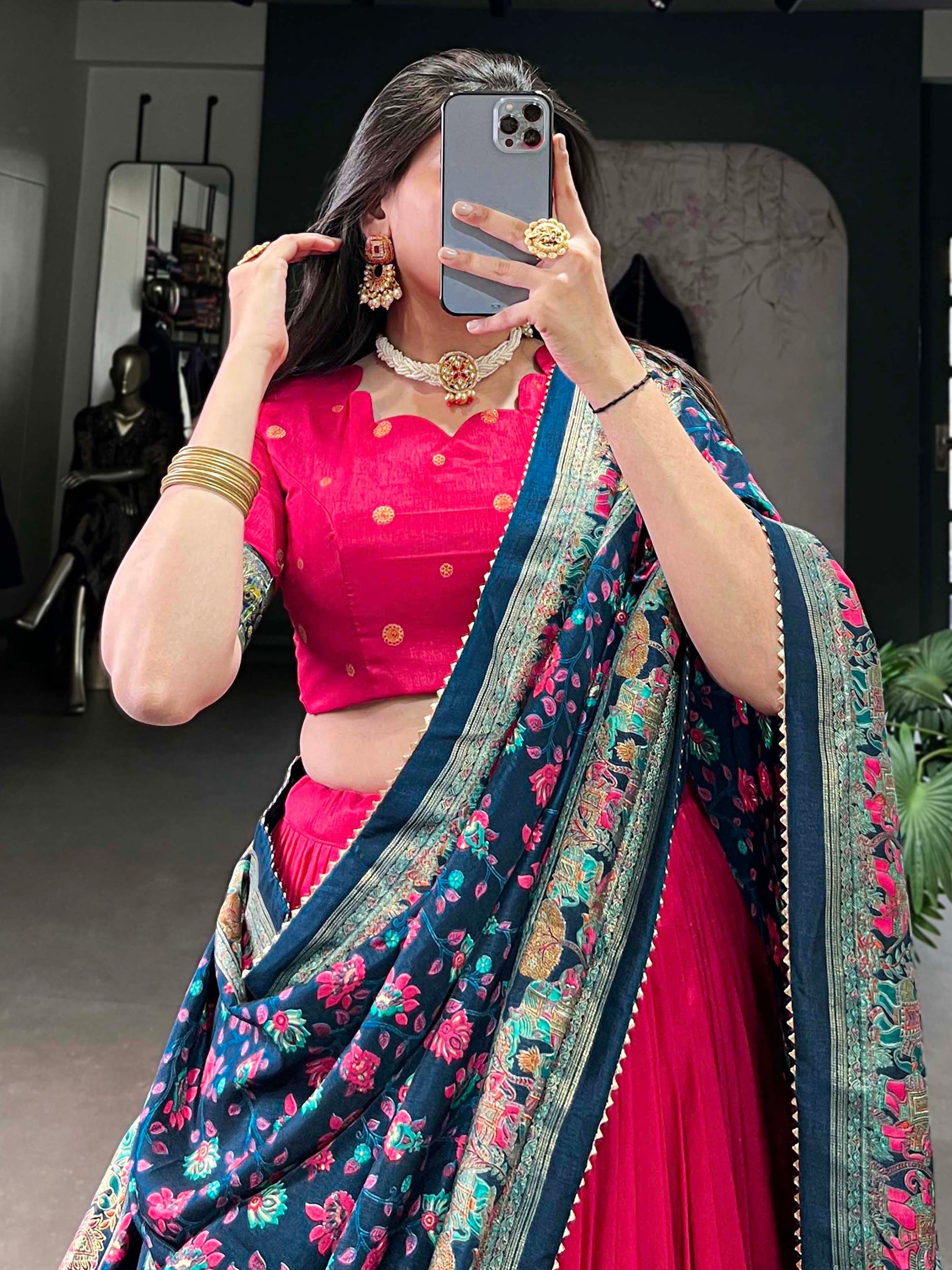 Pretty Pink Foil Work Tussar Silk Lehenga Choli With Navy Blue Dupatta
