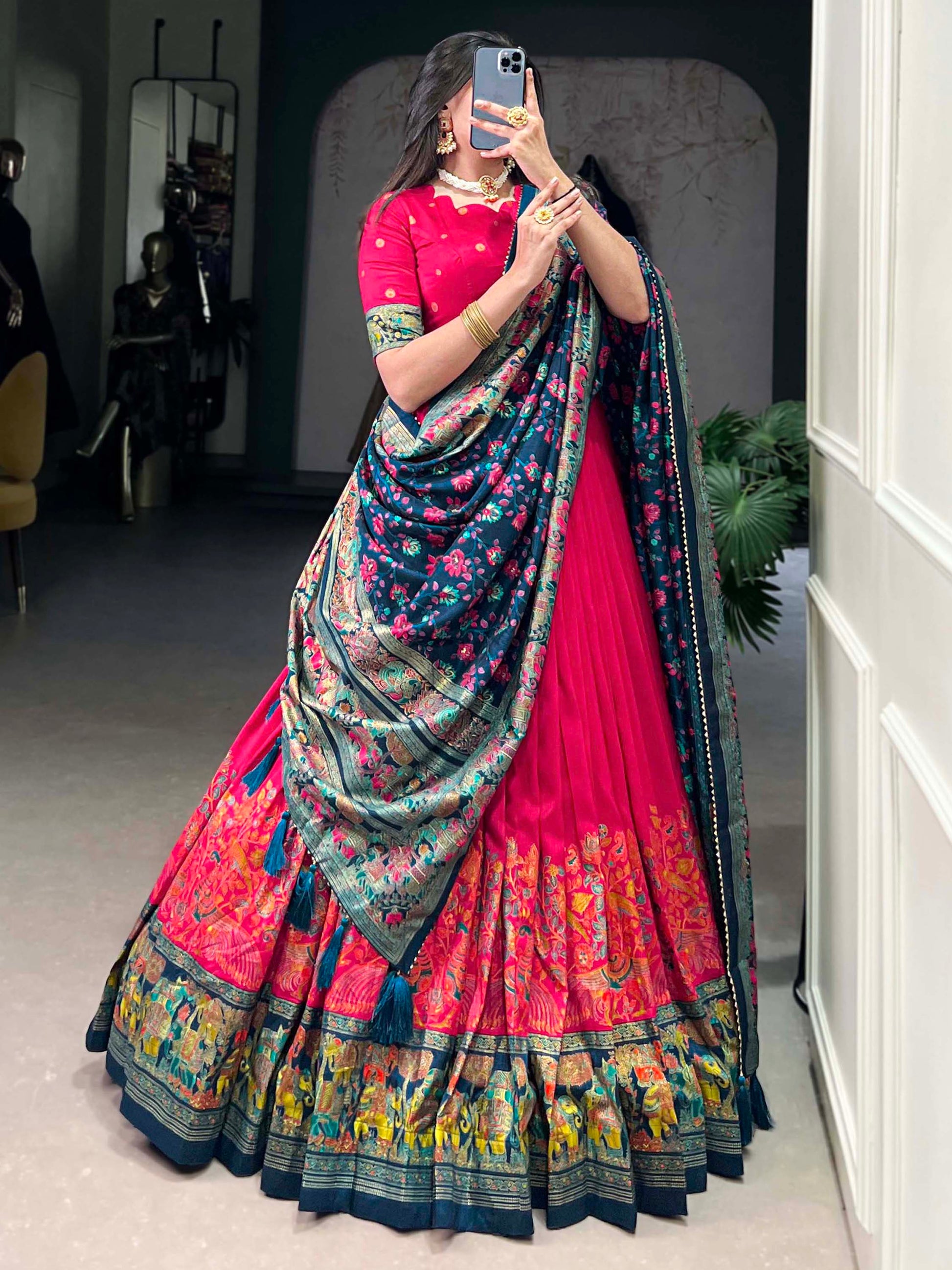 Pretty Pink Foil Work Tussar Silk Lehenga Choli With Navy Blue Dupatta