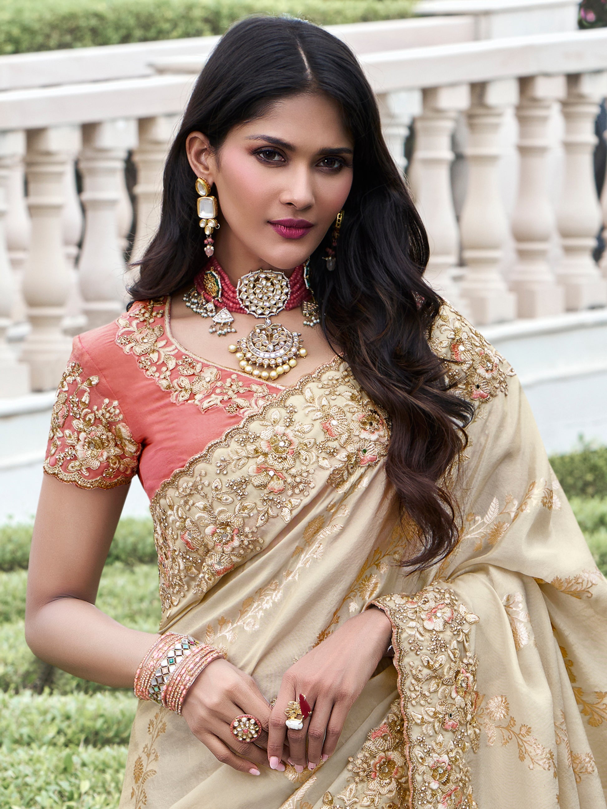 Beautiful Beige Zari Weaving Organza Silk Traditional Saree With Blouse