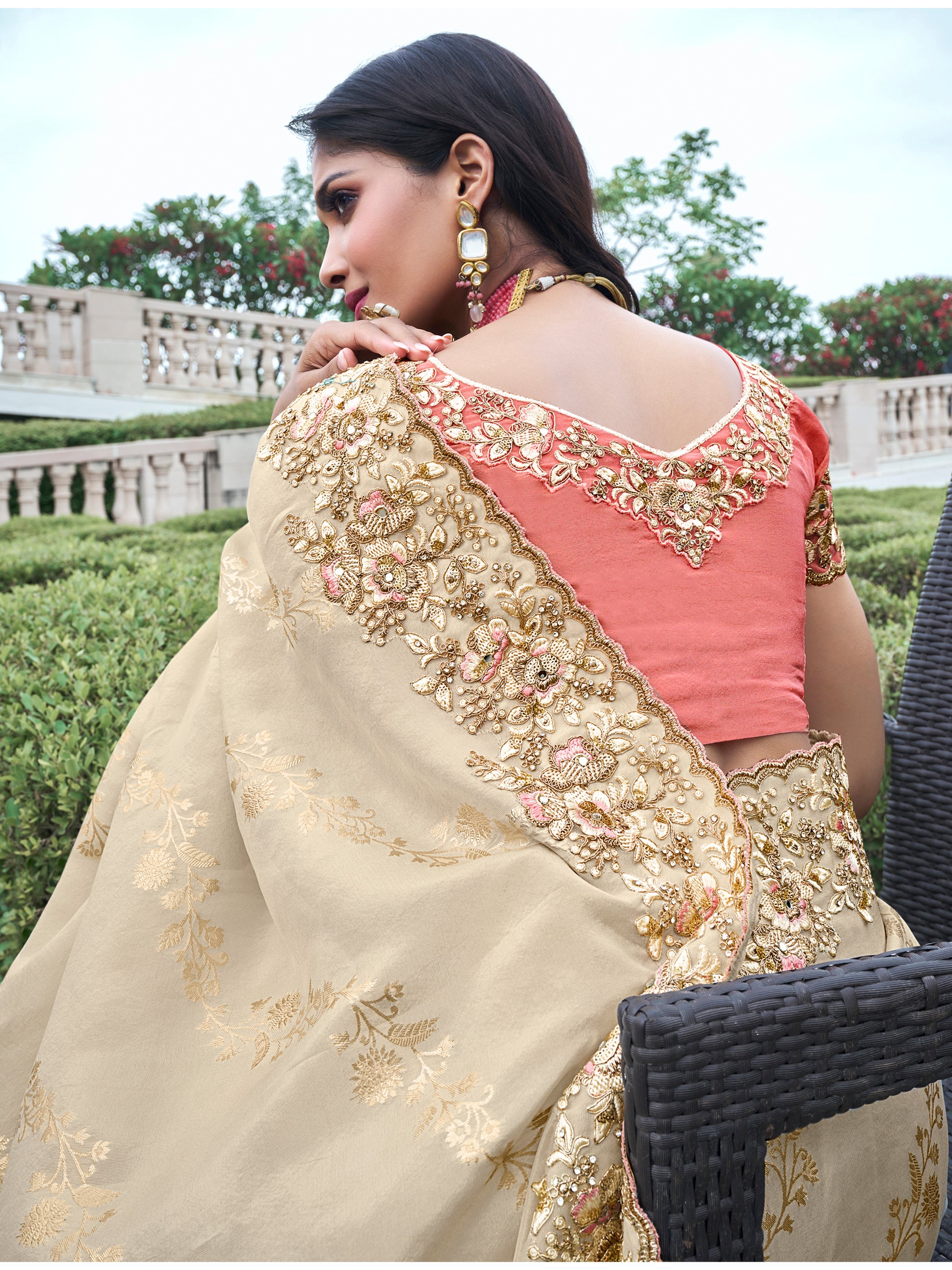 Beautiful Beige Zari Weaving Organza Silk Traditional Saree With Blouse