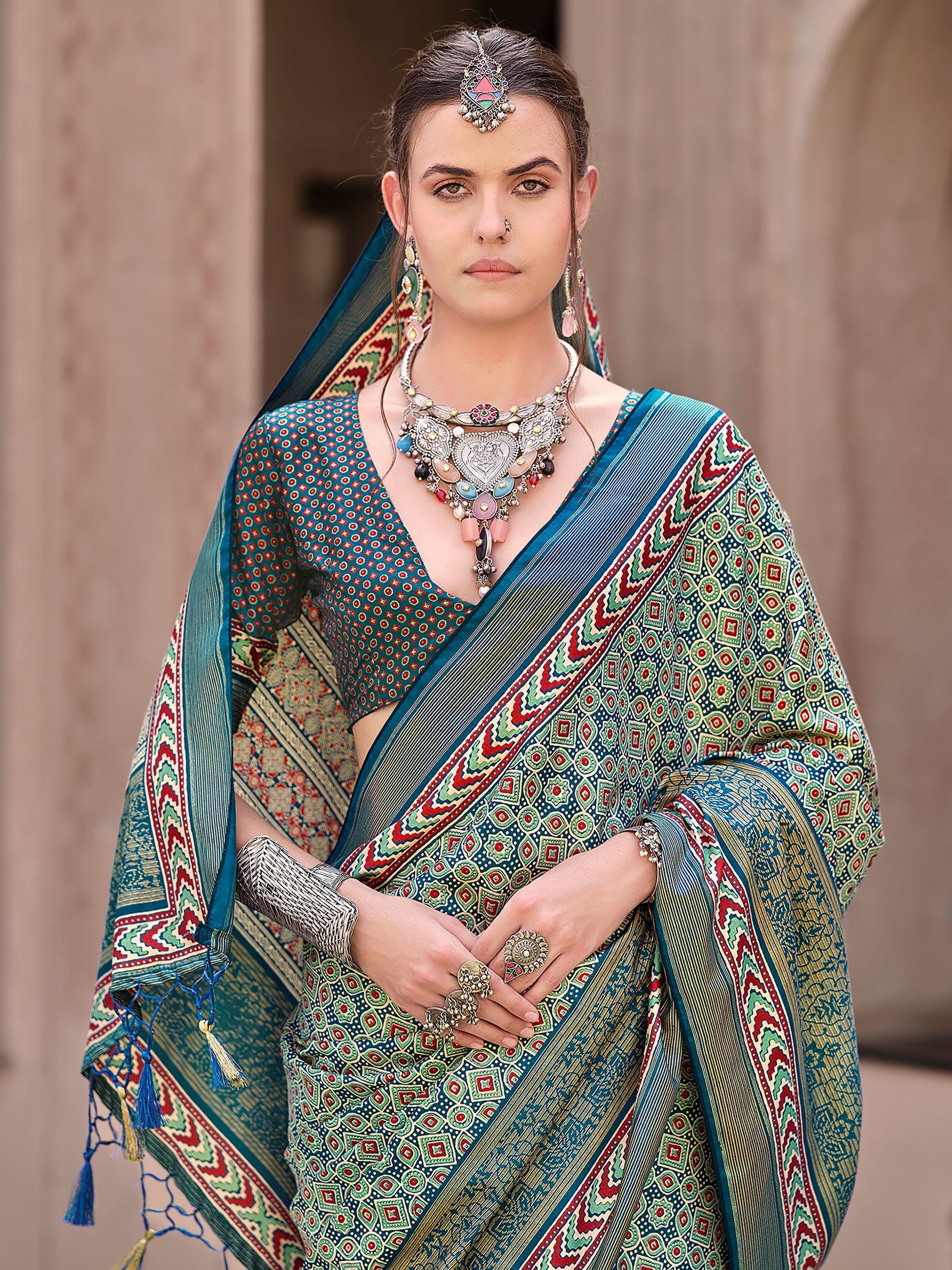Attractive Teal Blue Printed Silk Function Wear Saree With Blouse