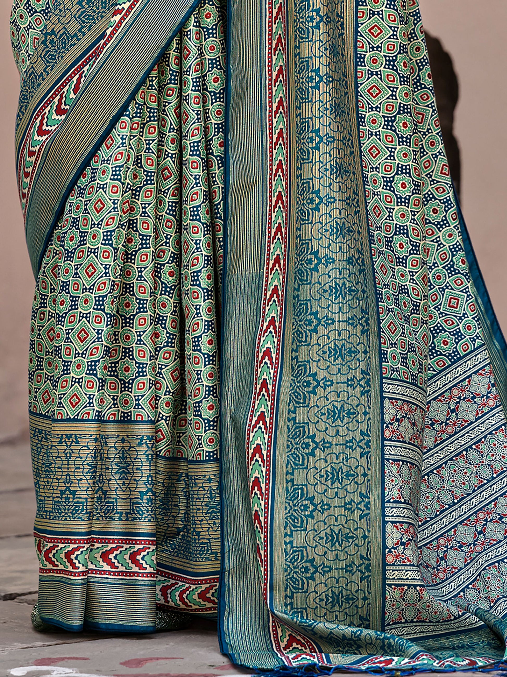 Attractive Teal Blue Printed Silk Function Wear Saree With Blouse