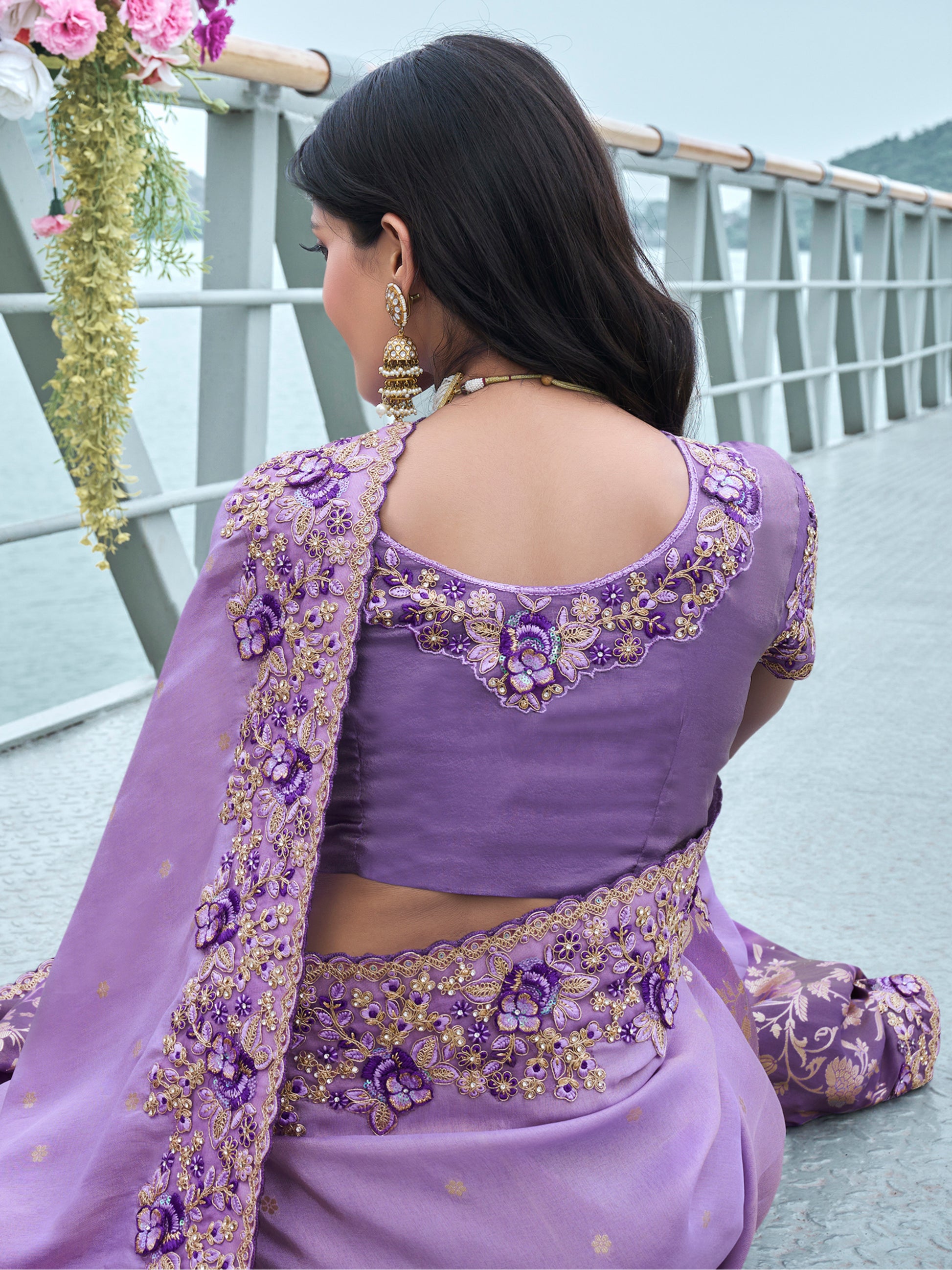 Charming Lavender Zari Weaving Organza Engagement Wear Saree