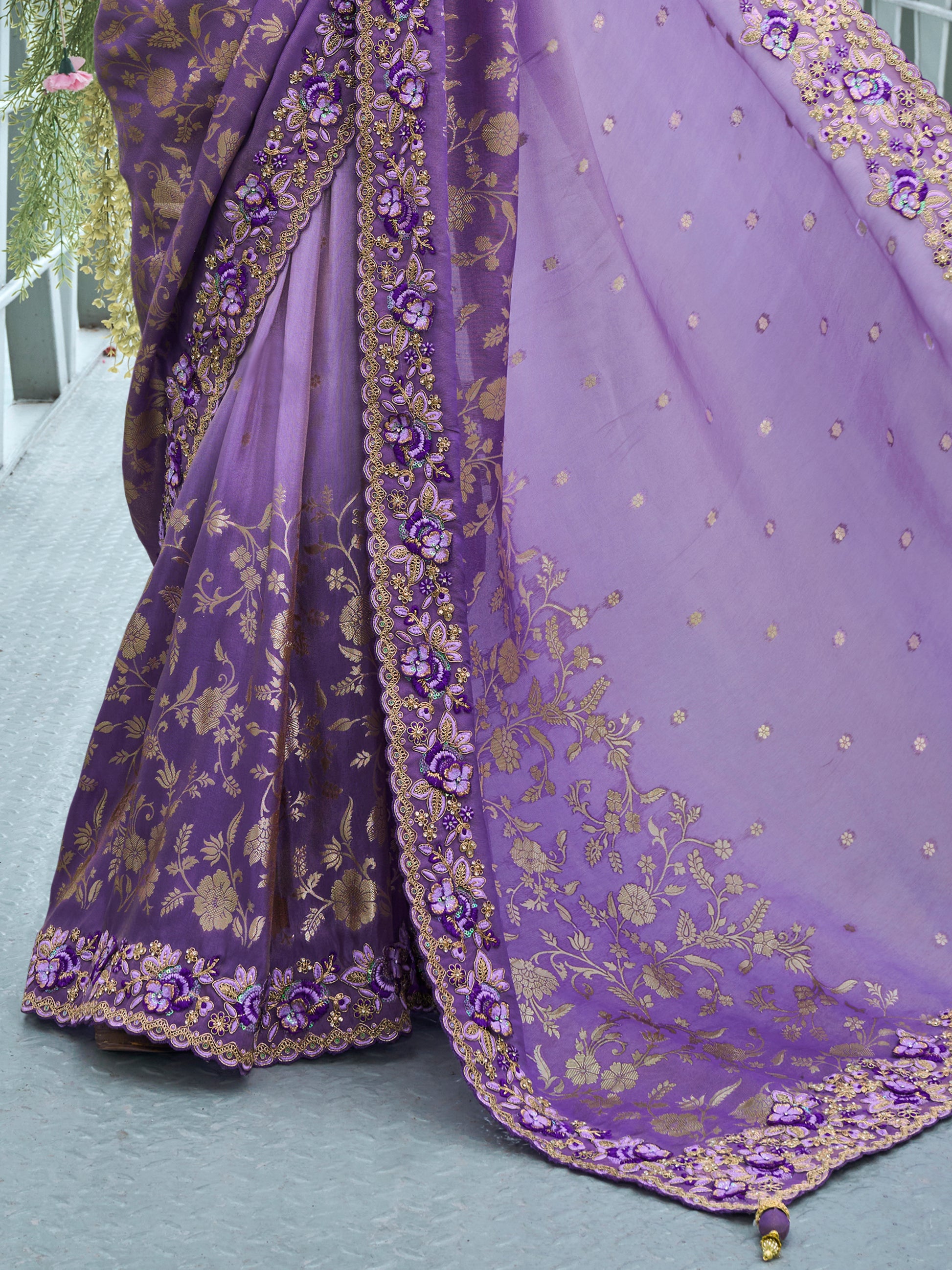 Charming Lavender Zari Weaving Organza Engagement Wear Saree