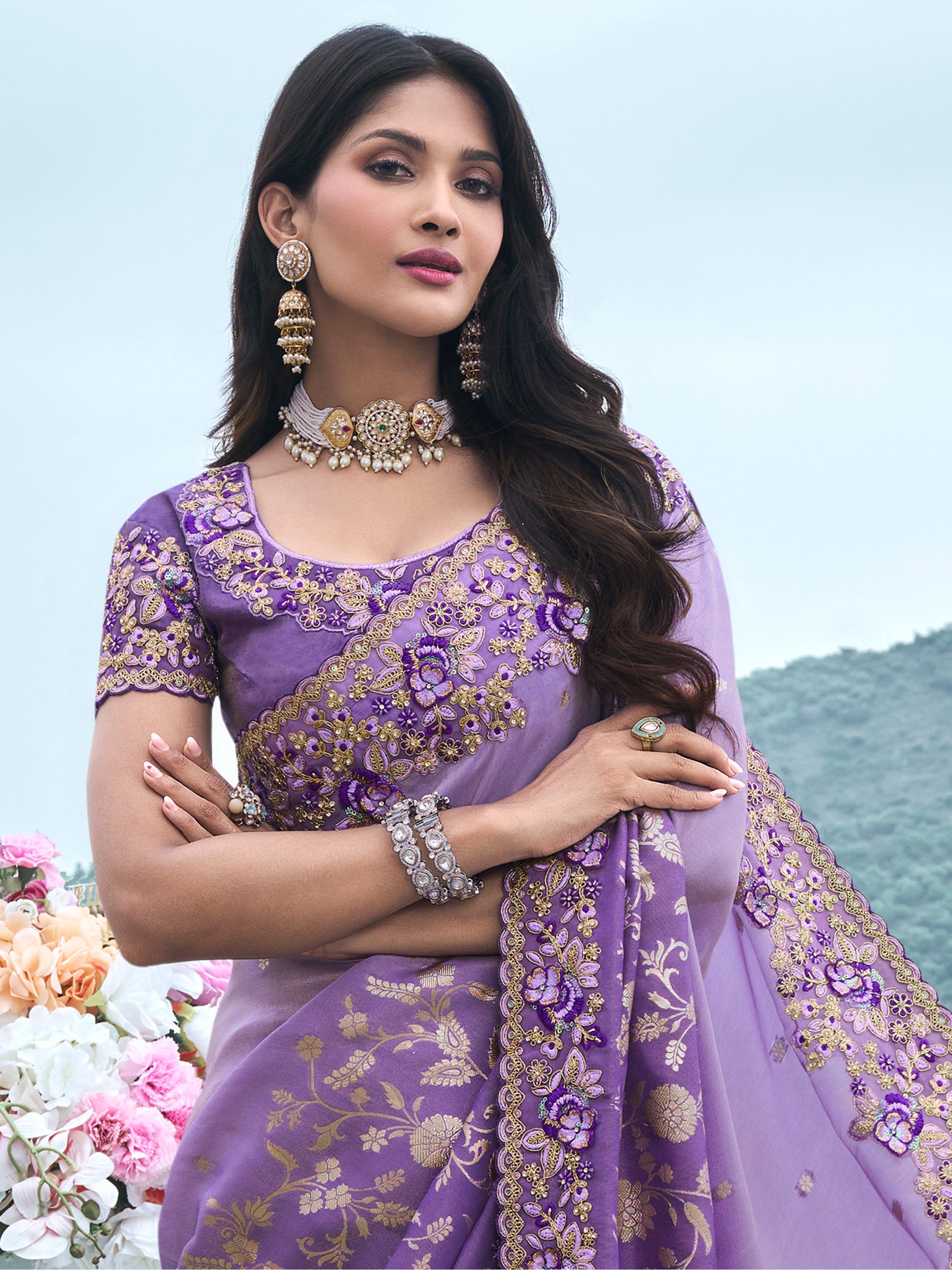 Charming Lavender Zari Weaving Organza Engagement Wear Saree